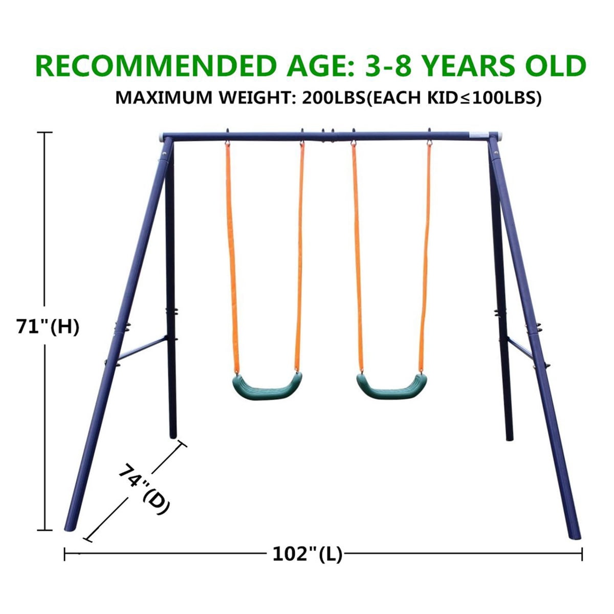Deiokin 2-Station Kids Swing Set, Heavy Duty Steel A-Frame with Bench Seats (71 in Height) 3oc3s