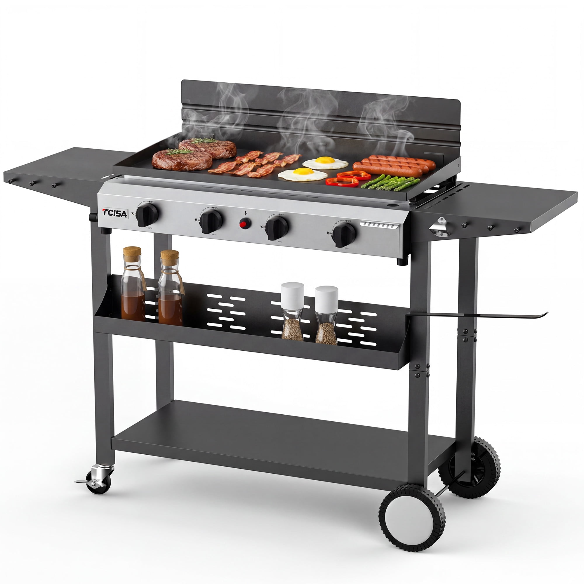 Tcisa 4 Burner Propane Gas Griddle with Standing Cart and Hood (Black, 400 sq in) 3zpub