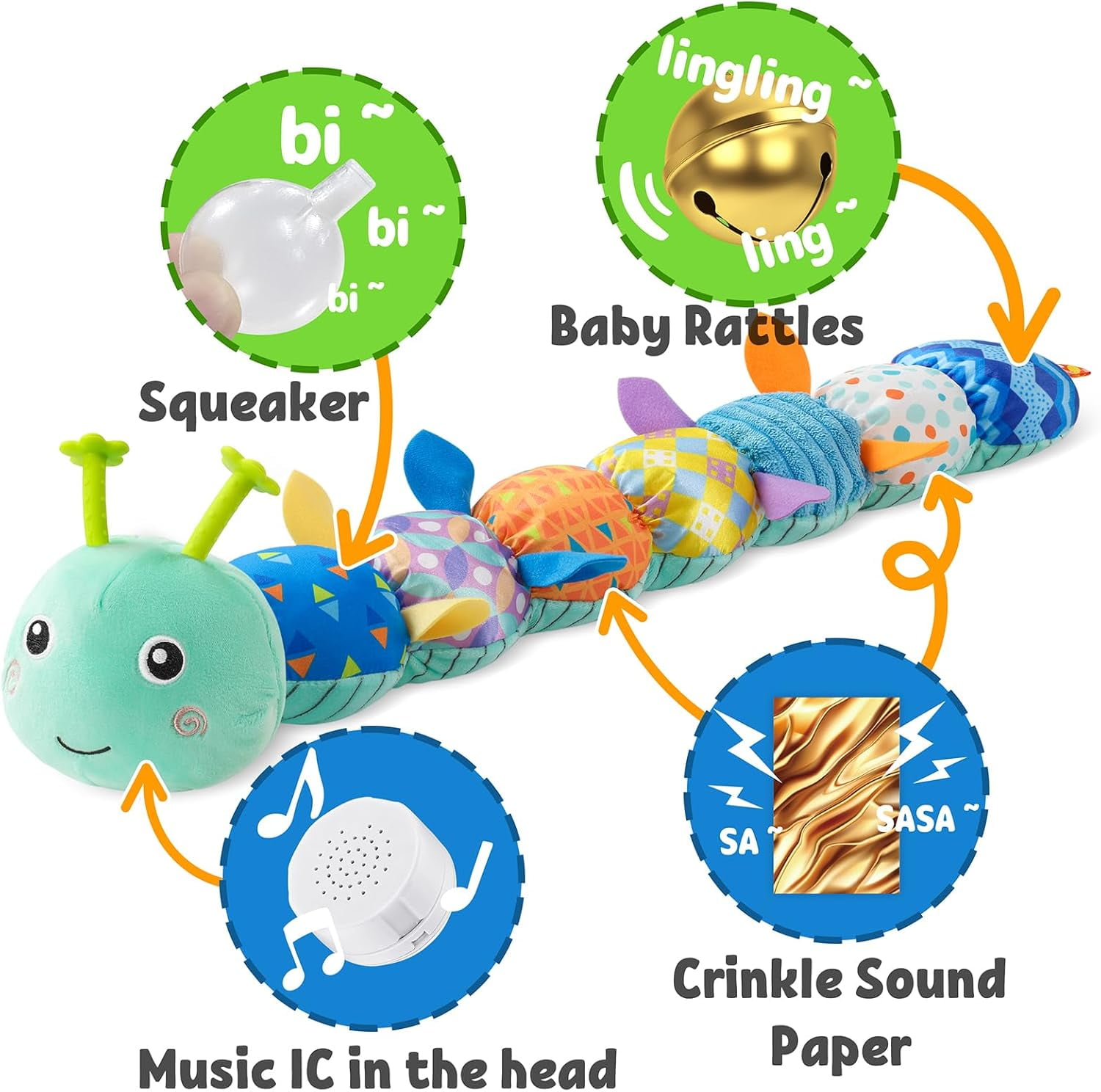 BTEPSGA Musical Caterpillar Sensory Plush Toy with Growth Ruler and Ring Bell (Blue, 20 in) rfujr