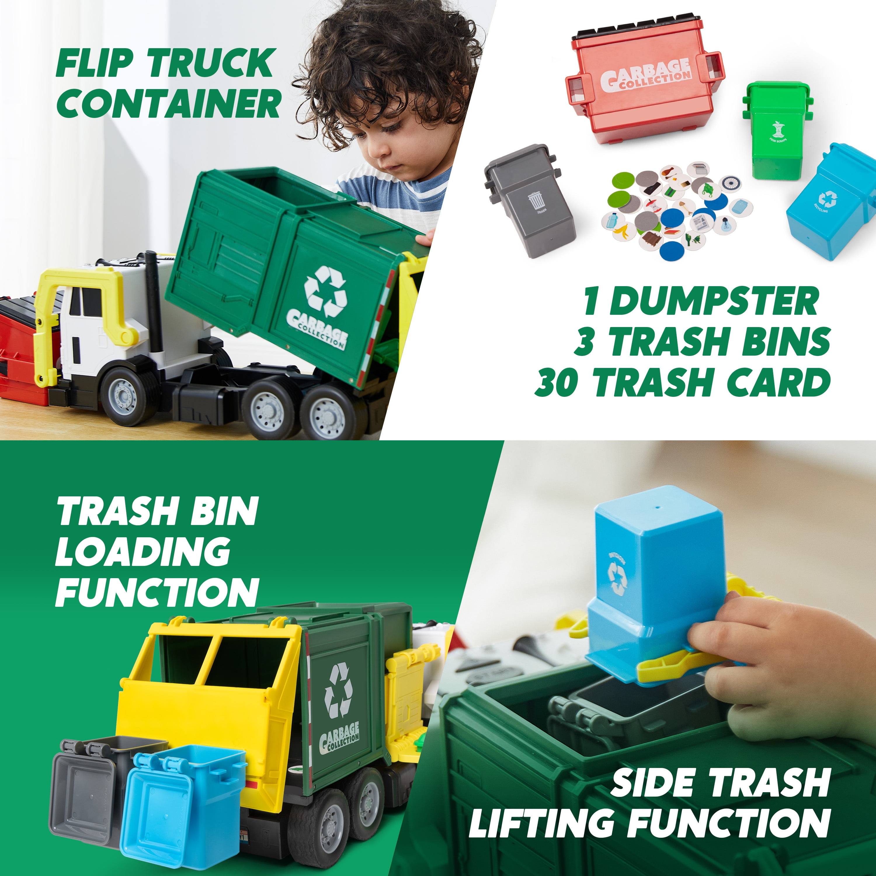 Joyfy Large Garbage Truck Toy with Lights and Sounds, Friction-Powered Recycling Vehicle with Sorting Bins (Green, 16 in) bho32