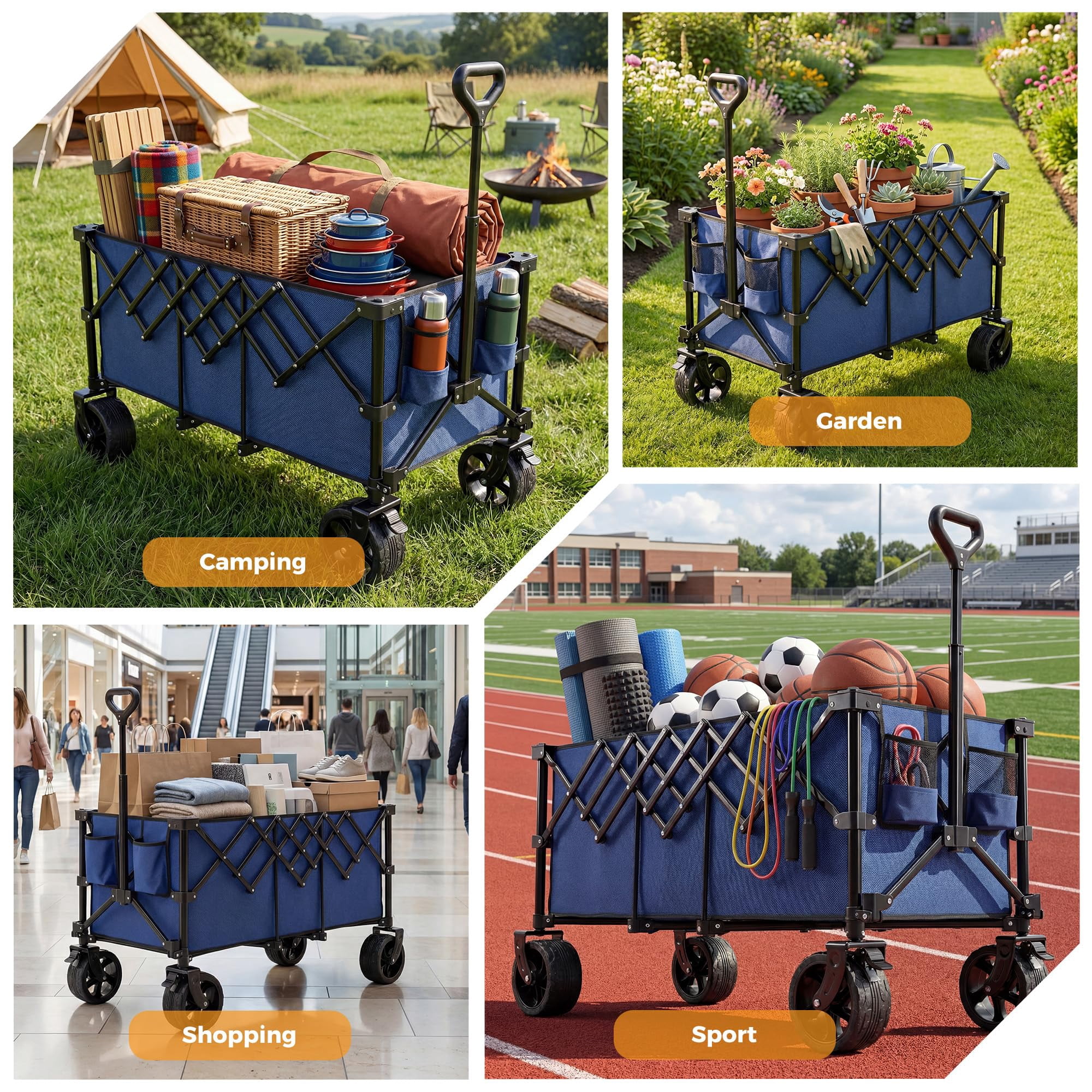 ACCVER Heavy Duty Collapsible Wagon, Folding Outdoor Utility Cart with All-Terrain Wheels and 440 lb Capacity (Blue) yqlyo