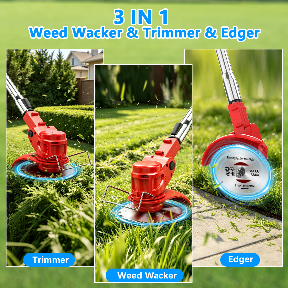 TNTANTS Cordless Electric Weed Wacker, 3-in-1 Grass Trimmer, Edger, and Brush Cutter with 2 Batteries and Wheels (Red, 46.5 in) 04gwl