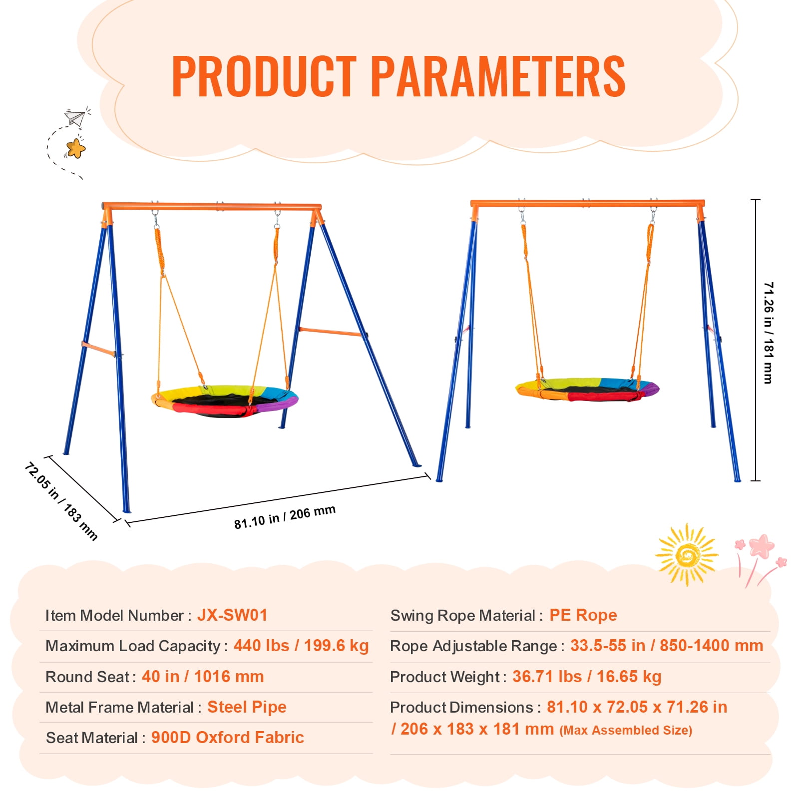 KFFKFF Outdoor Swing Set, Heavy-Duty A-Frame Metal Stand with 40 in Circular Seat, Adjustable Cord (Orange, 440 lb) 1ynm2