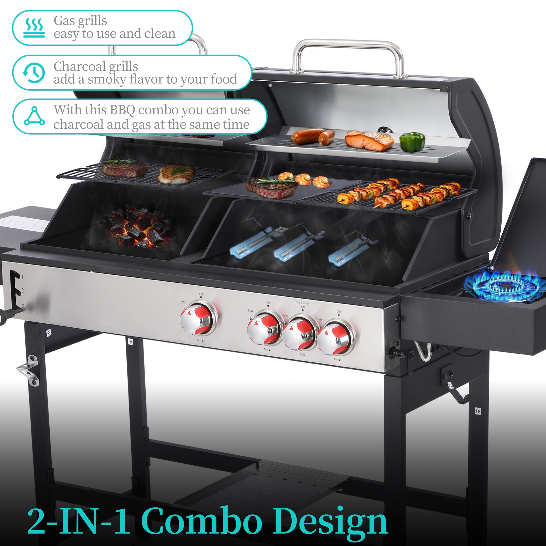 Garden It Dual Fuel Gas and Charcoal Combo Grill with Side Burner (Silver, 673 sq. in. Cooking Space) 1zav0