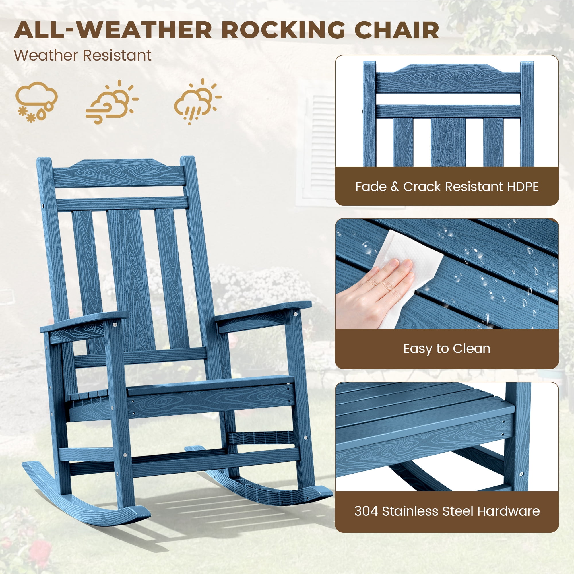 SERWALL Oversized Outdoor Rocking Chair, All-Weather HDPE Patio Rocker for Porch and Garden (Navy, 35 in D x 26.9 in W x 41.3 in H) b1i70