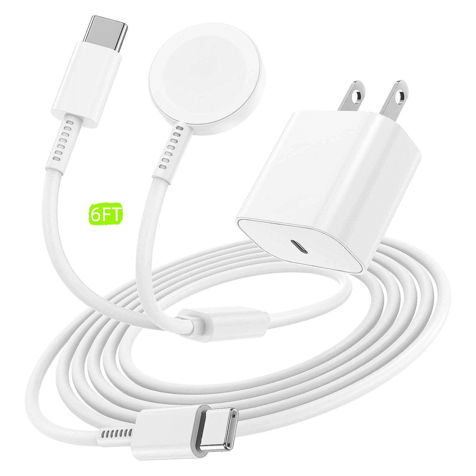 FWJBK 2-in-1 Magnetic Fast Charging Cable and 20W USB-C Wall Adapter Set for Apple Watch and iPhone (White, 6 ft) cin8d