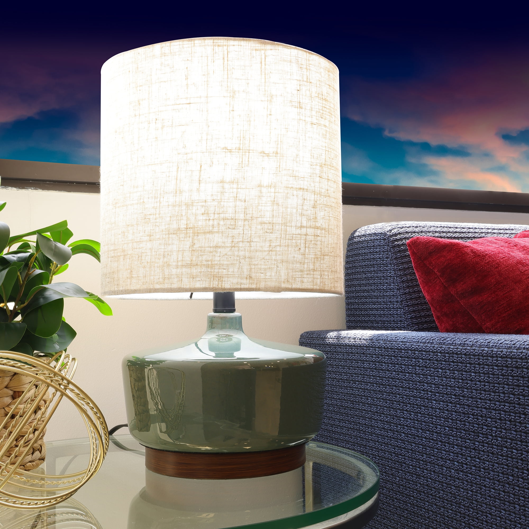 Better Homes & Gardens Modern Mid-Century Ceramic Table Lamp with Wood Base (Deep Green, 17 in) x50hl