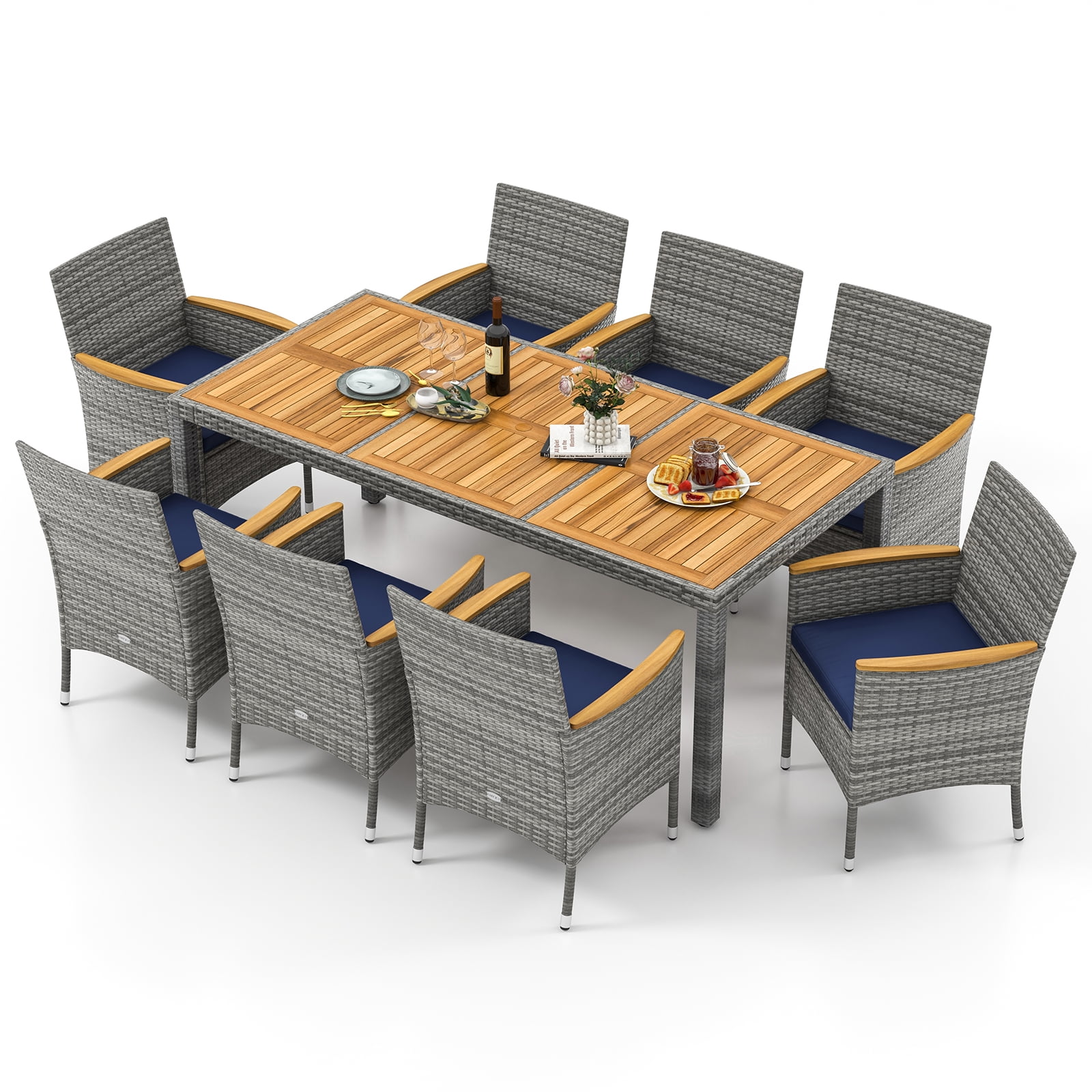 Gymax 9-Piece Patio PE Wicker Dining Set with Acacia Wood Table and Cushioned Chairs (Navy, 9-Piece Set) xmgz5