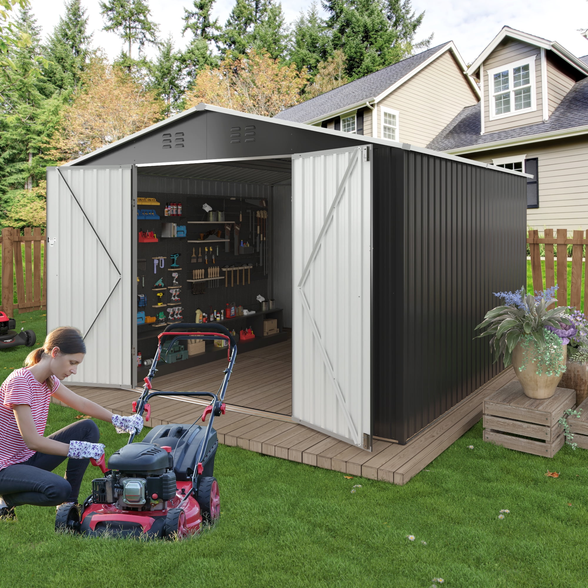 NETAJE Outdoor Metal Storage Shed with Lockable Doors and Sloped Roof (Gray, 10 ft x 10 ft) z15n8