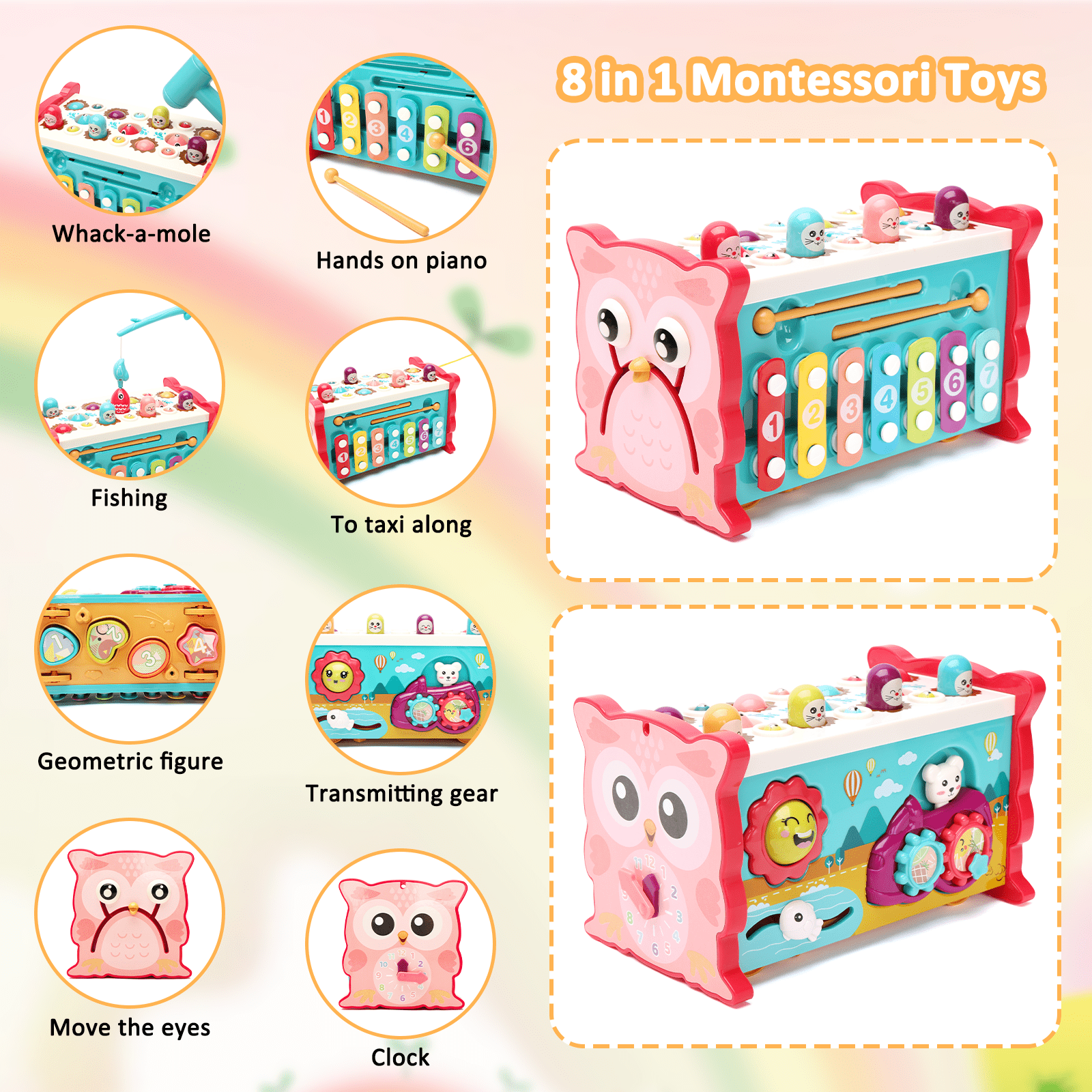 ORFELD 8-in-1 Montessori Activity Cube Educational Learning Toy for Toddlers (Pink, 8.3 in x 4.9 in x 4.9 in) c4hwv