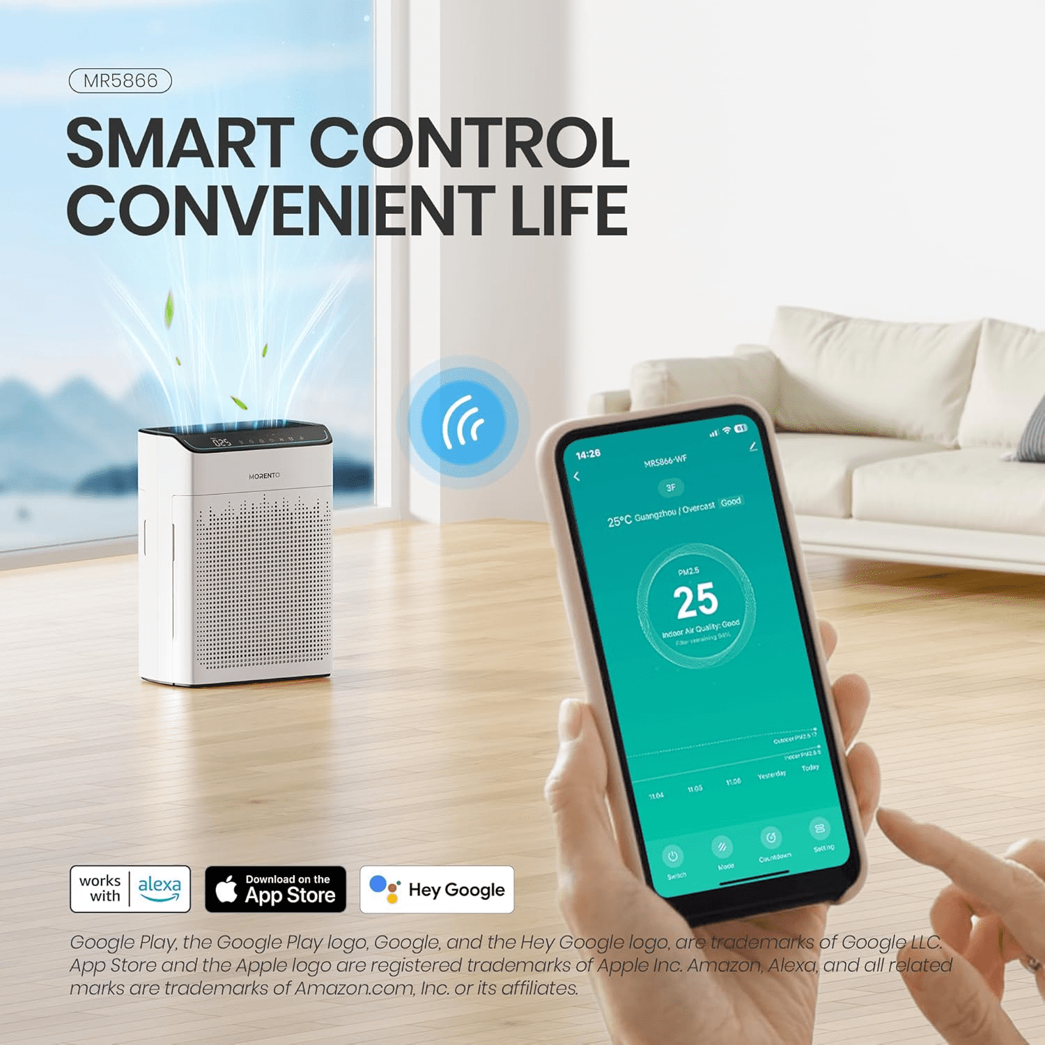 MORENTO Smart Air Purifier for Large Rooms, HEPA Filter for Smoke, Dust, and Pet Dander, Wi-Fi and Alexa Compatible (White, 1290 sq ft) owutf