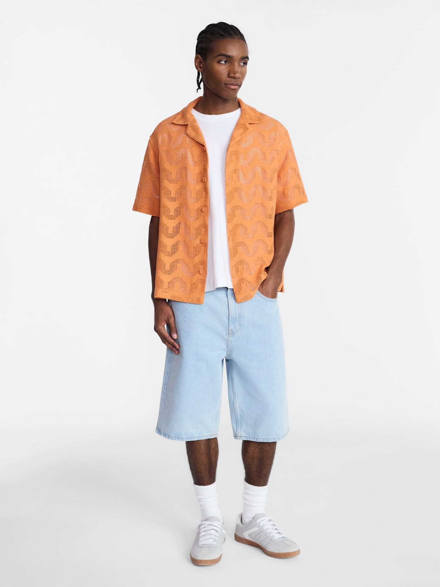 No Boundaries Men's Textured Wave Resort Shirt Short Sleeve (Gold, XS) ls63e