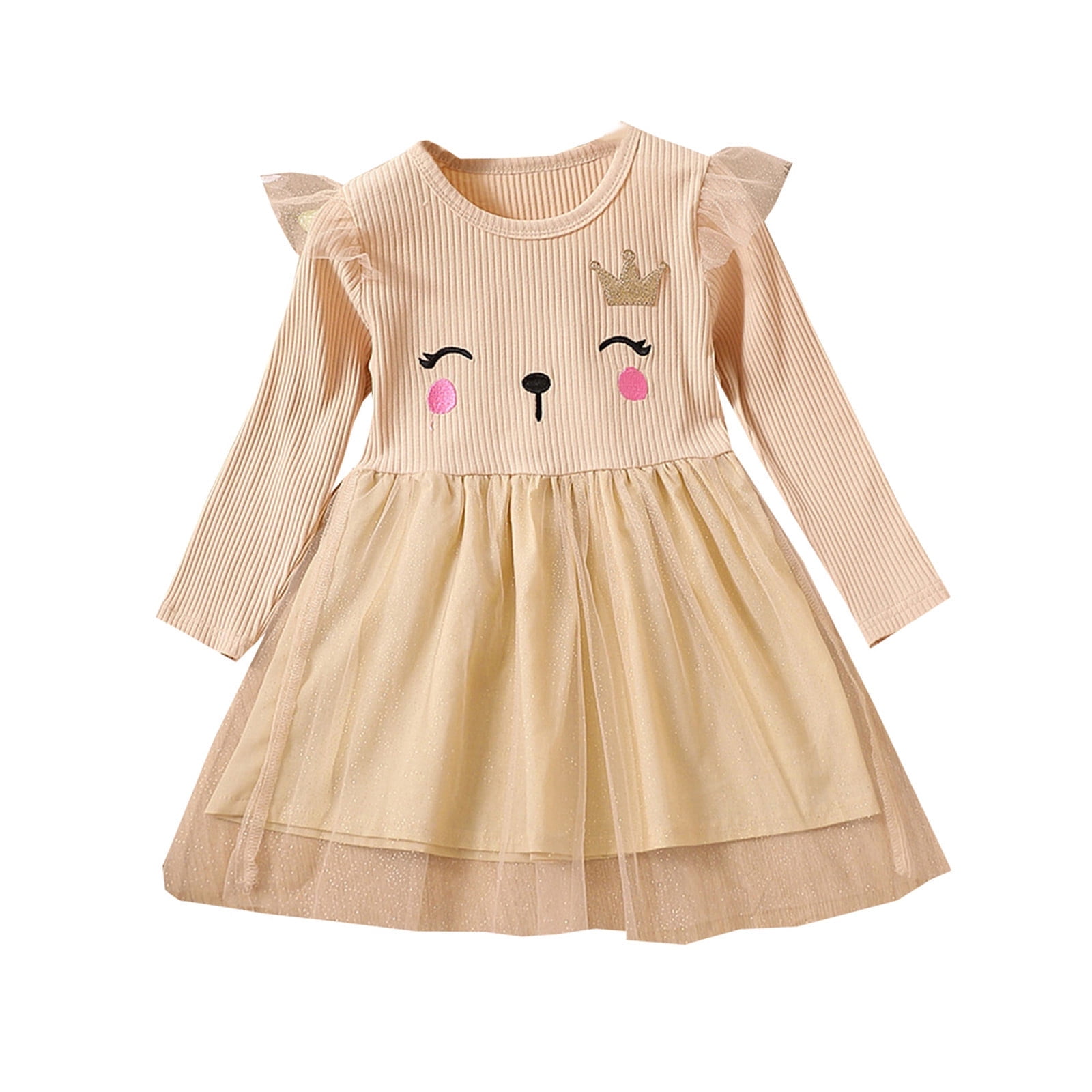 RTKFRFLM Toddler Girls Long Sleeve Dress Cartoon Cat Print Ribbed Casual Princess Dress (Beige, 3-4 Years) ycsqb
