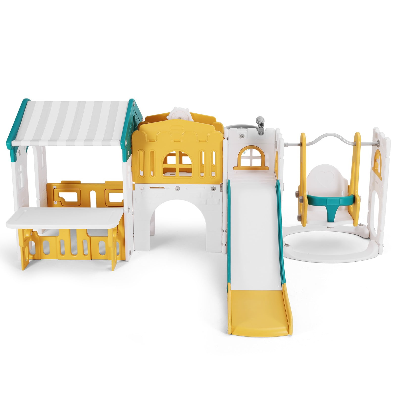 Joyldias 10-in-1 Toddler Slide and Swing Playset with Playhouse and Basketball Hoop (Green, Yellow, White) aeisf