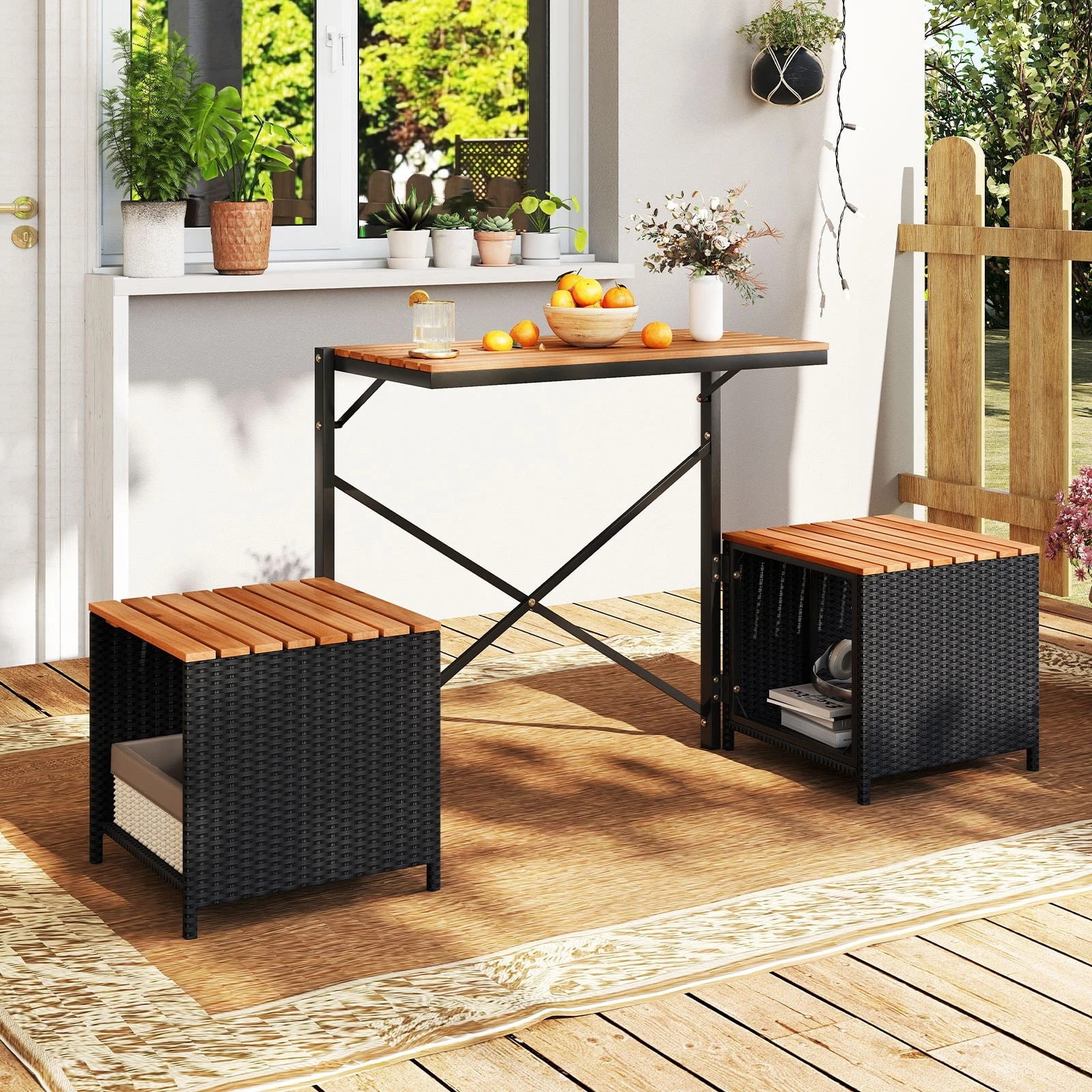 Auranook 2-in-1 Outdoor Convertible Bench and Table Set with Metal Frame and PE Rattan (Black) adncm