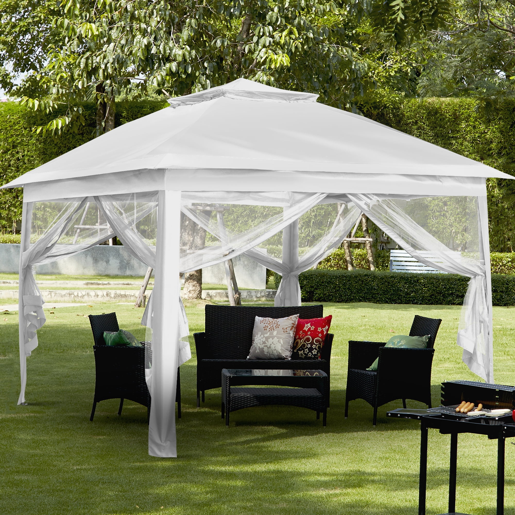 Ainfox Outdoor Patio Pop Up Canopy Gazebo with Mosquito Netting and UV Protection (White, 11 ft x 11 ft) 9ror8