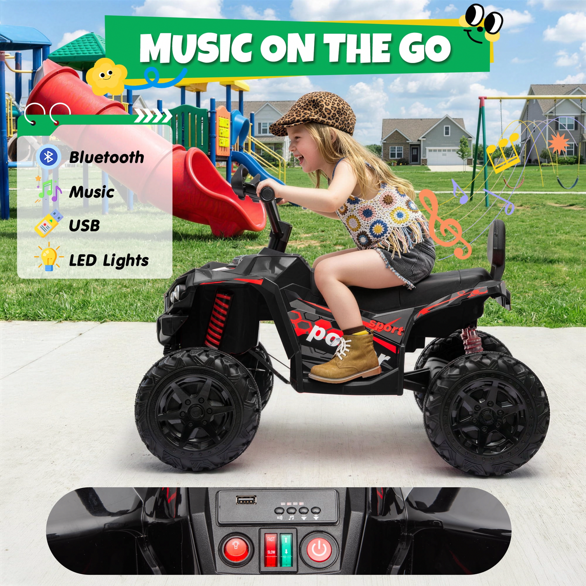 JOYRACER 24V Electric Ride On ATV for Kids, 4WD Quad with LED Lights and Bluetooth (Black, 110 lb Capacity) ae1ad