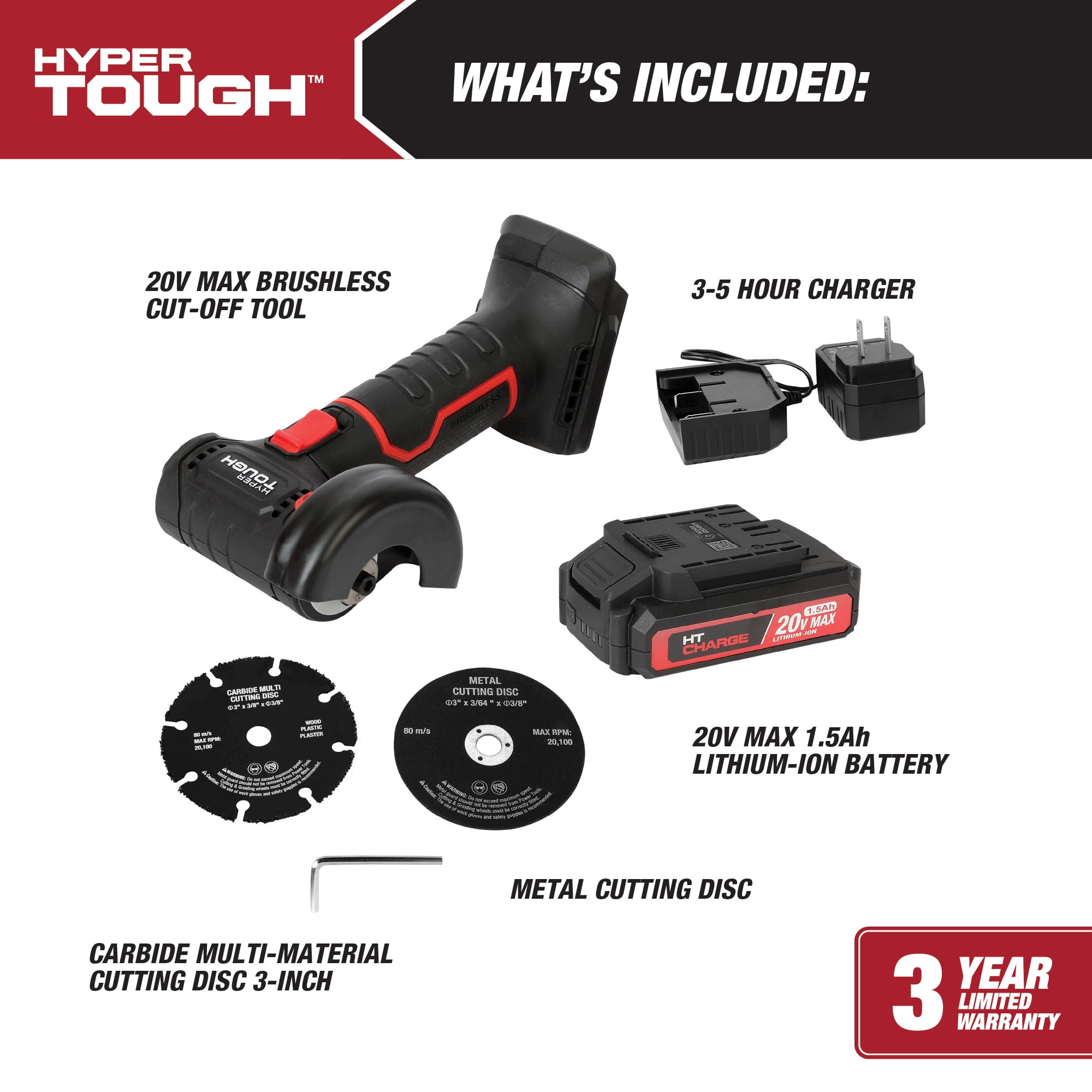 Hyper Tough 20V Max Brushless Cordless Cut-Off Tool with 3-inch Disc (1.5Ah Battery and Charger Included) 9h28z