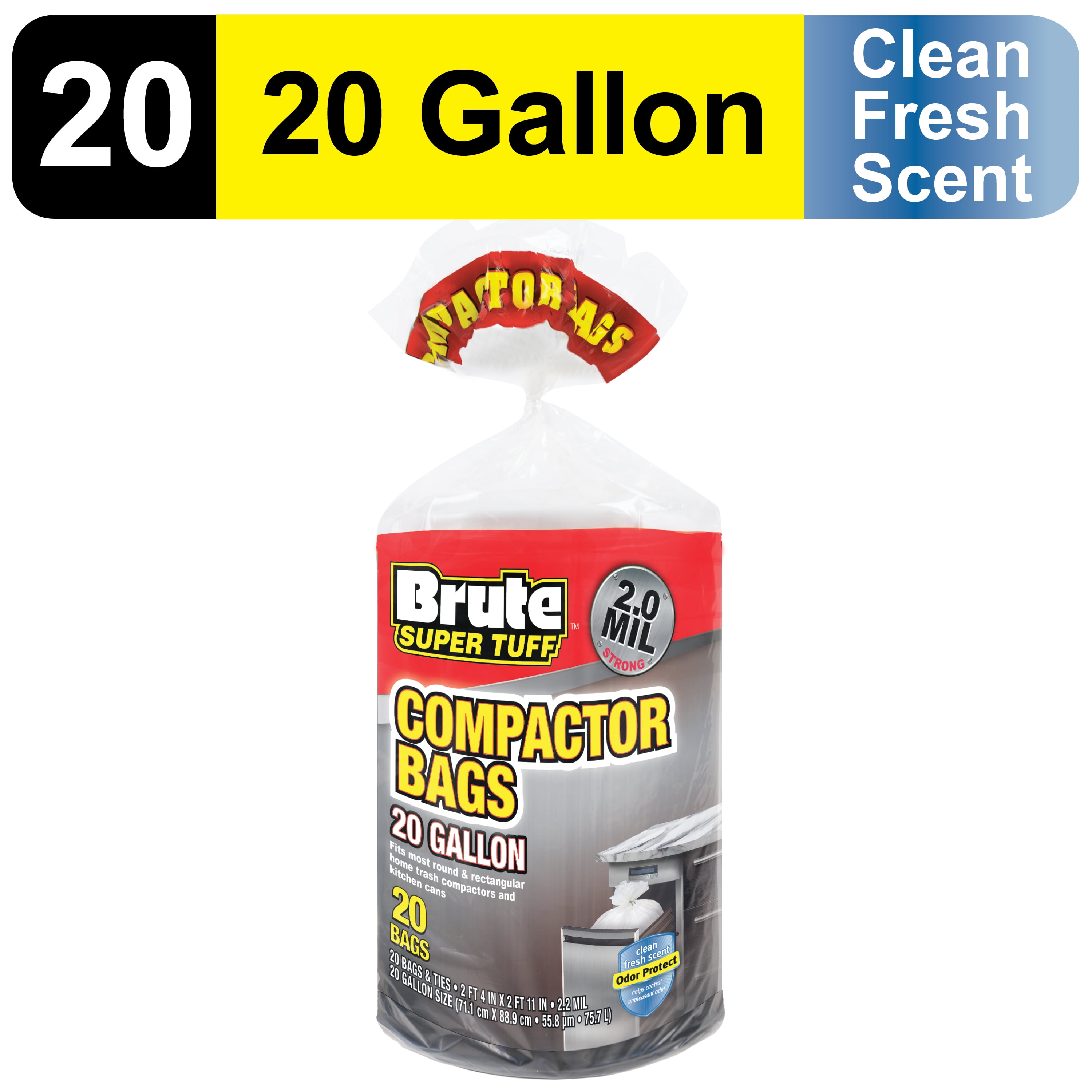 Brute Super Tuff Compactor Trash Bags, Heavy-Duty Kitchen Garbage Liners with Odor Control (White, 20 Gallon, 20 Count) ug8pk