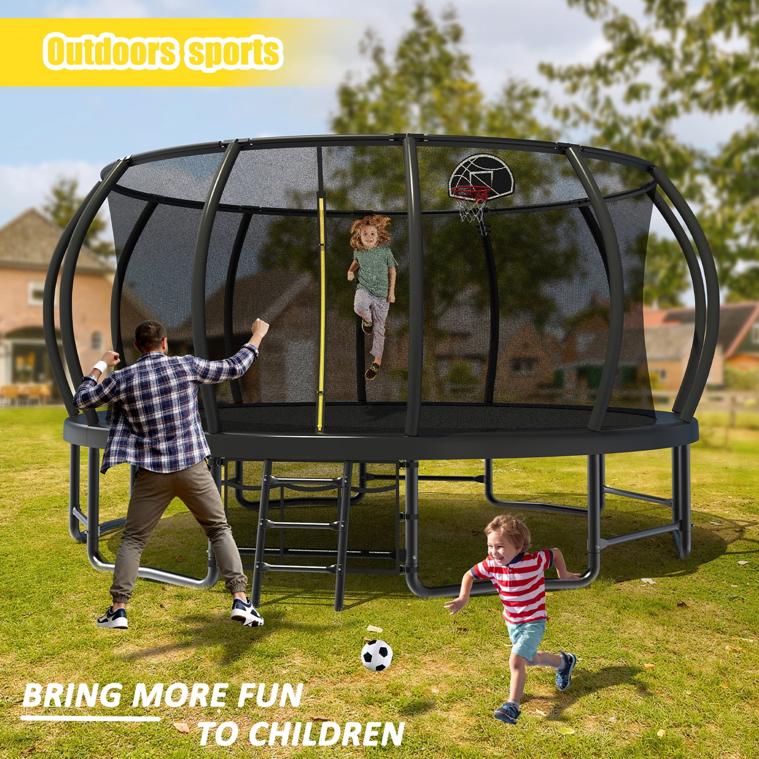 Leumius 16 ft Outdoor Recreational Trampoline with Safety Enclosure, Ladder, and Basketball Hoop (Black, 16 ft) j4kjx