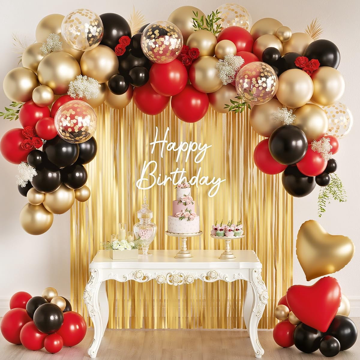 Generic Party Decor 157-Piece Balloon Garland Arch Kit with Glitter Fringe Curtains (Red Black Gold, 157 Pieces) xqvvi