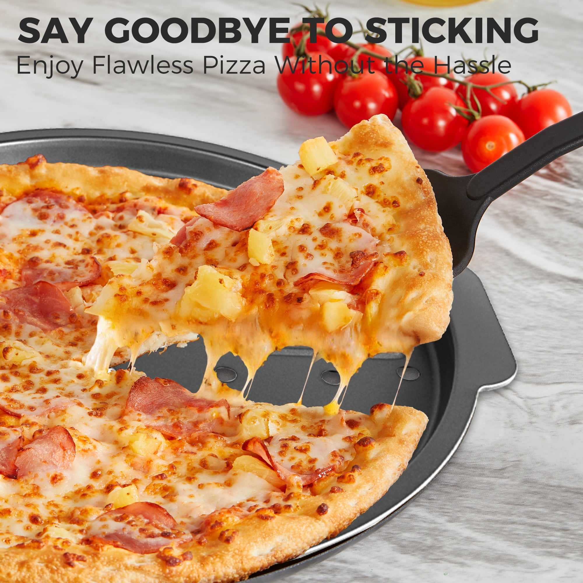 HONGBAKE 12 Inch Pizza Pan with Holes, Non-Stick Carbon Steel Perforated Crispy Pizza Tray for Oven (Grey, 2 Pack) zd968