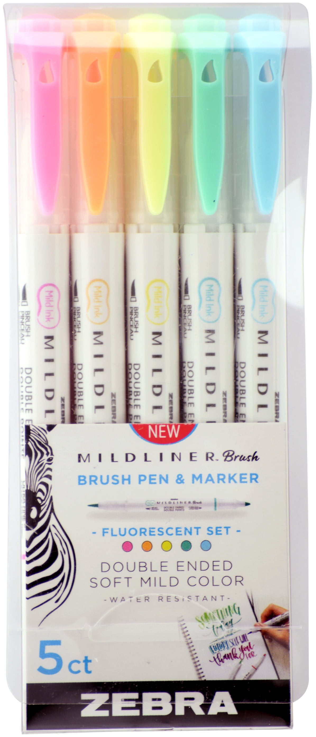 Zebra Mildliner Double-Ended Brush Pen Set, Fluorescent Highlighters, Creative Journaling Markers (Green, 5-Pack) um777