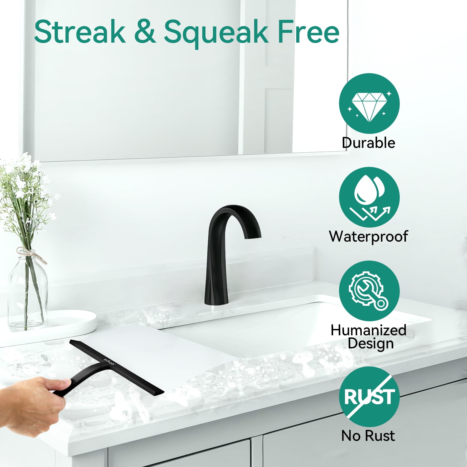 ADIQO Silicone Shower Squeegee for Bathroom Glass and Mirrors (Matte Black, 9 in) ofvmp