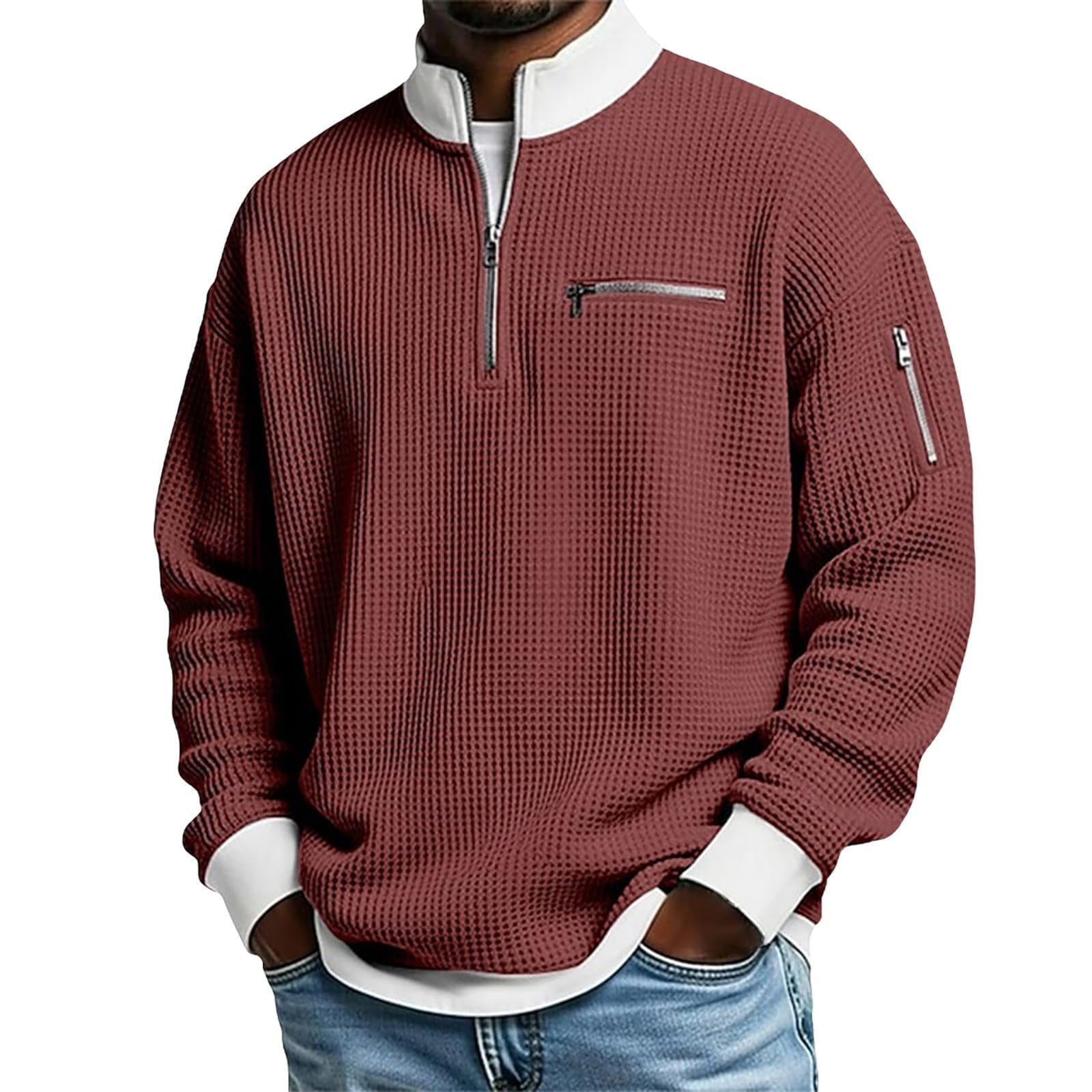 Nokdvo Mens Waffle-Knit Quarter Zip Pullover Long Sleeve Golf Sweatshirt (Wine, L) 63s7n