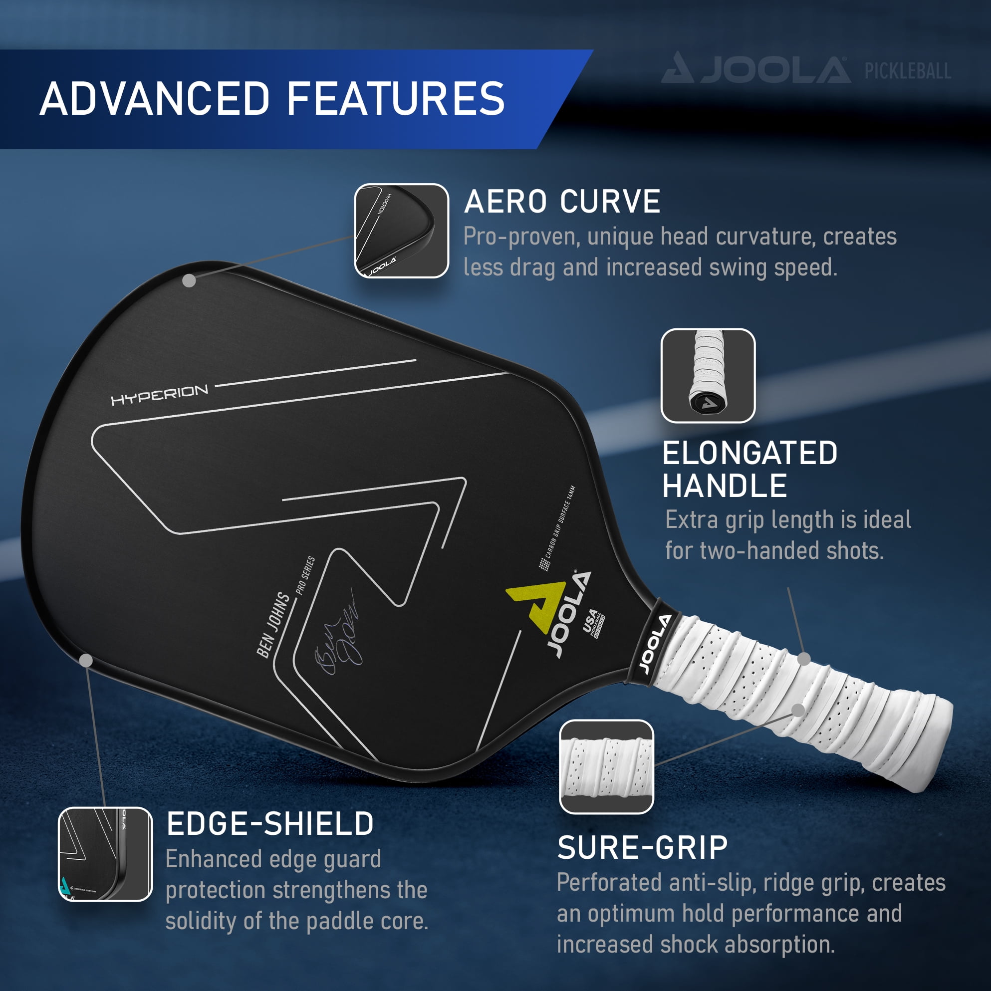JOOLA Ben Johns Hyperion CGS Pickleball Paddle, Professional Carbon Grip Surface, High-Performance Aero Curve Design (Black, 8.2 oz) hpc58