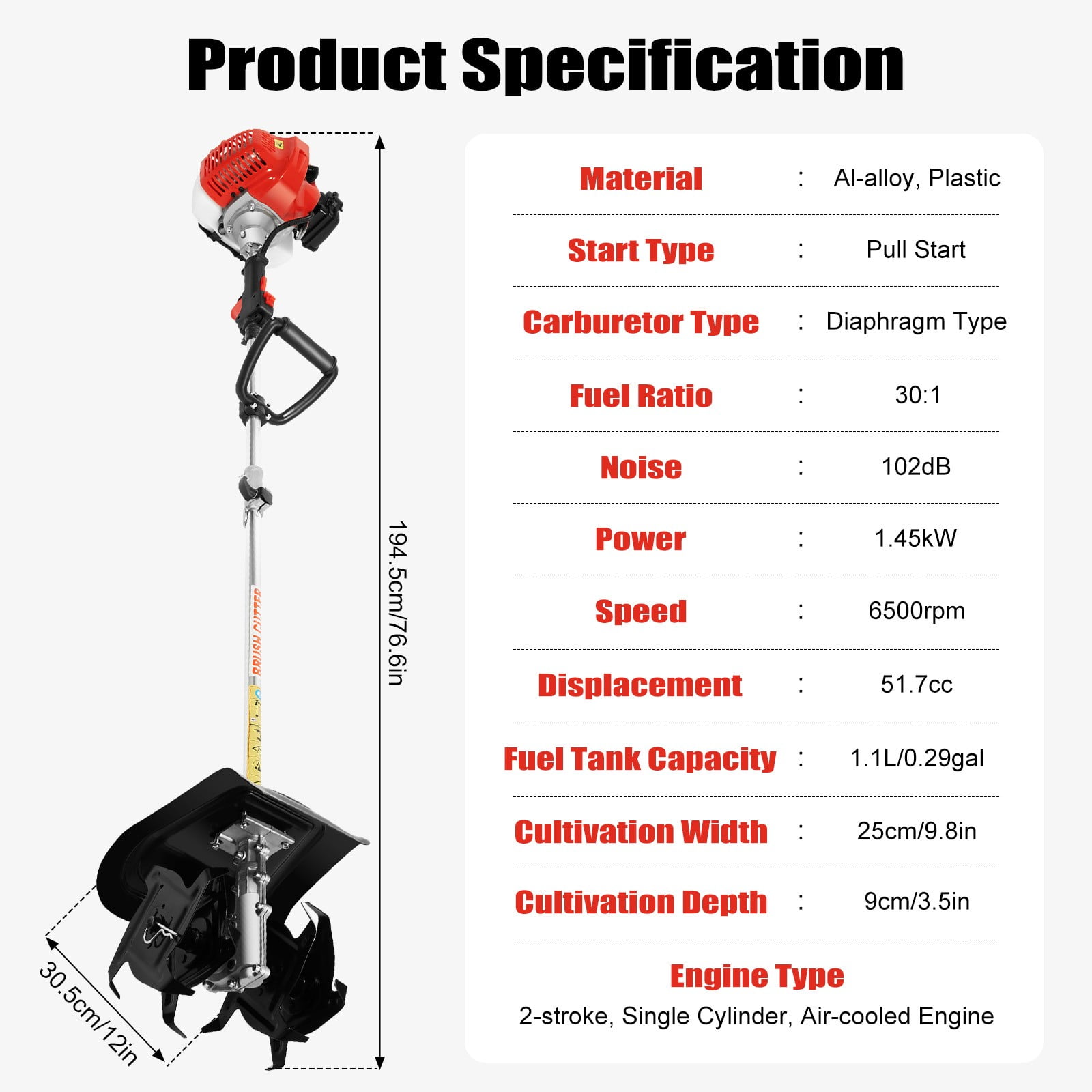 Generic Gas Powered Mini Tiller Cultivator (9 in Width, 3.5 in Depth) cr3q4