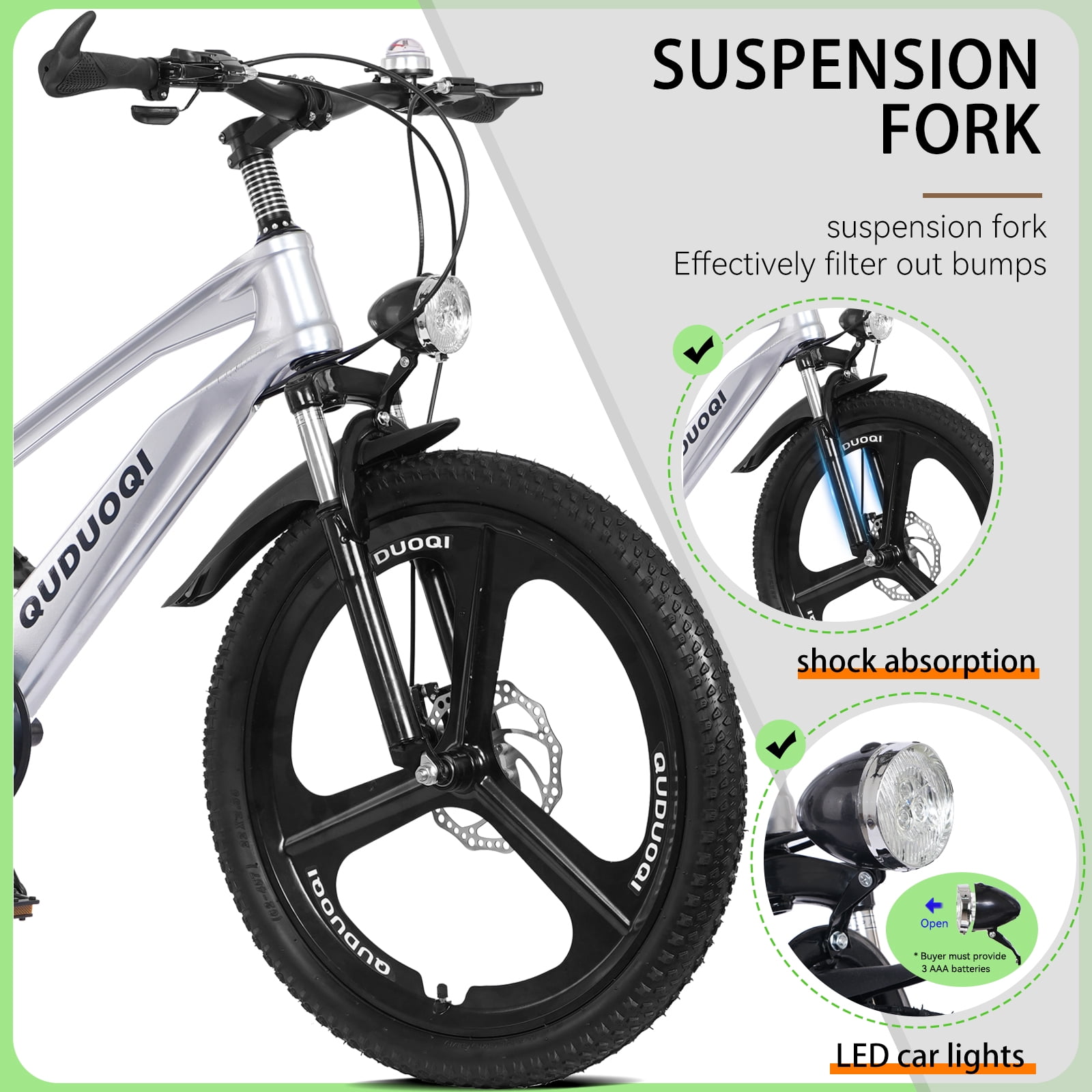 Ambifirner Kids Mountain Bike, 20 in All-Terrain Bicycle with Suspension Fork and 7-Speed Drivetrain (Silver, 20 in) 0q5h2