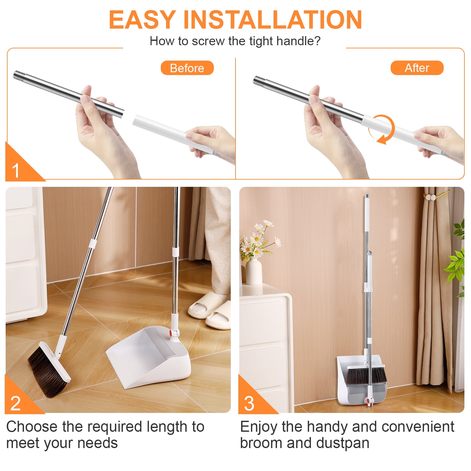 MAOFACE Broom and Dustpan Set for Home, Upright Cleaning Combo with Integrated Comb Teeth (White, 39 in) 76ckv