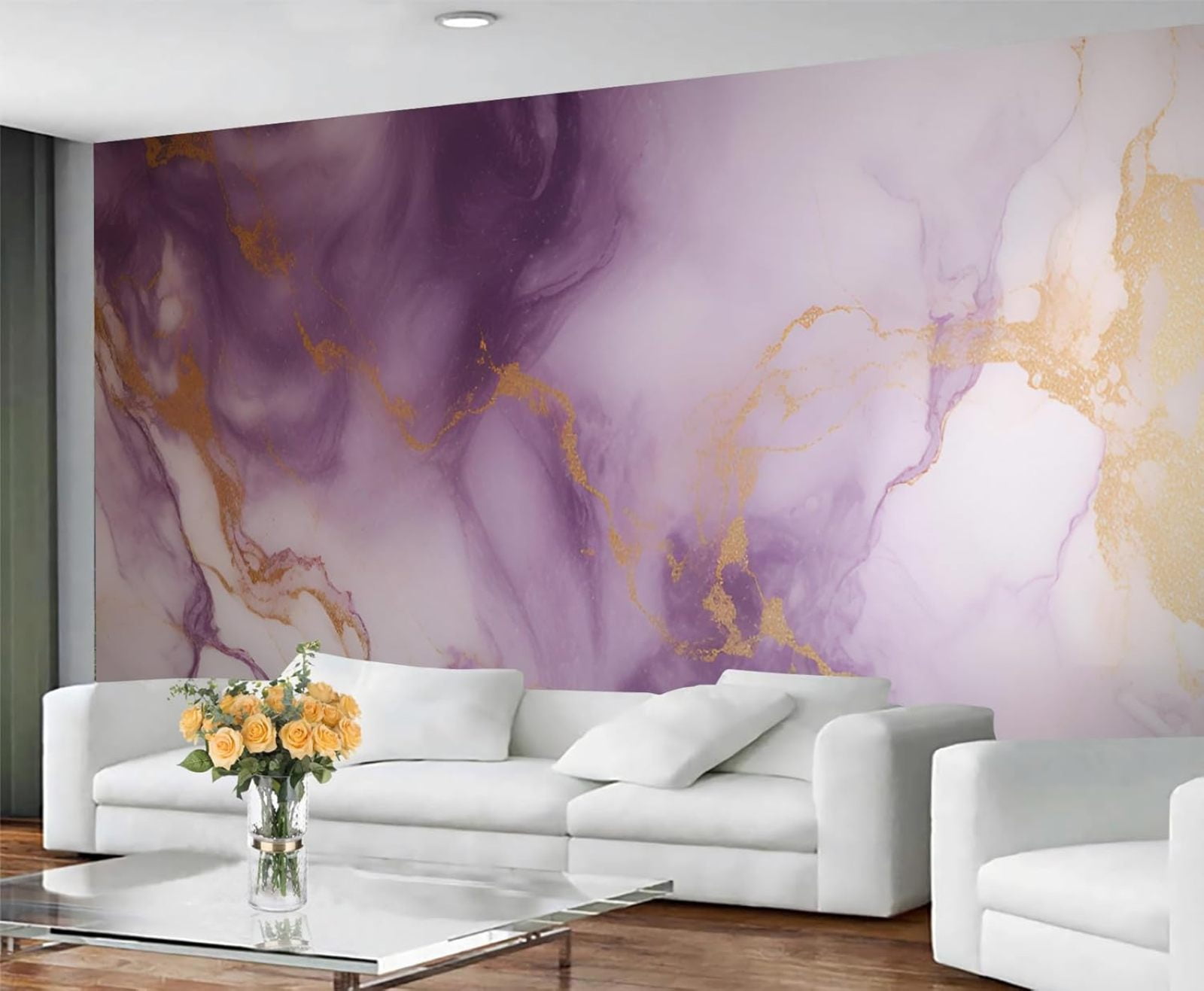 LIUYURO Modern Marble Wall Mural, Abstract Gold Foil Art Wallpaper for Bedroom and Living Room (Purple, 55 in x 28 in) usxey