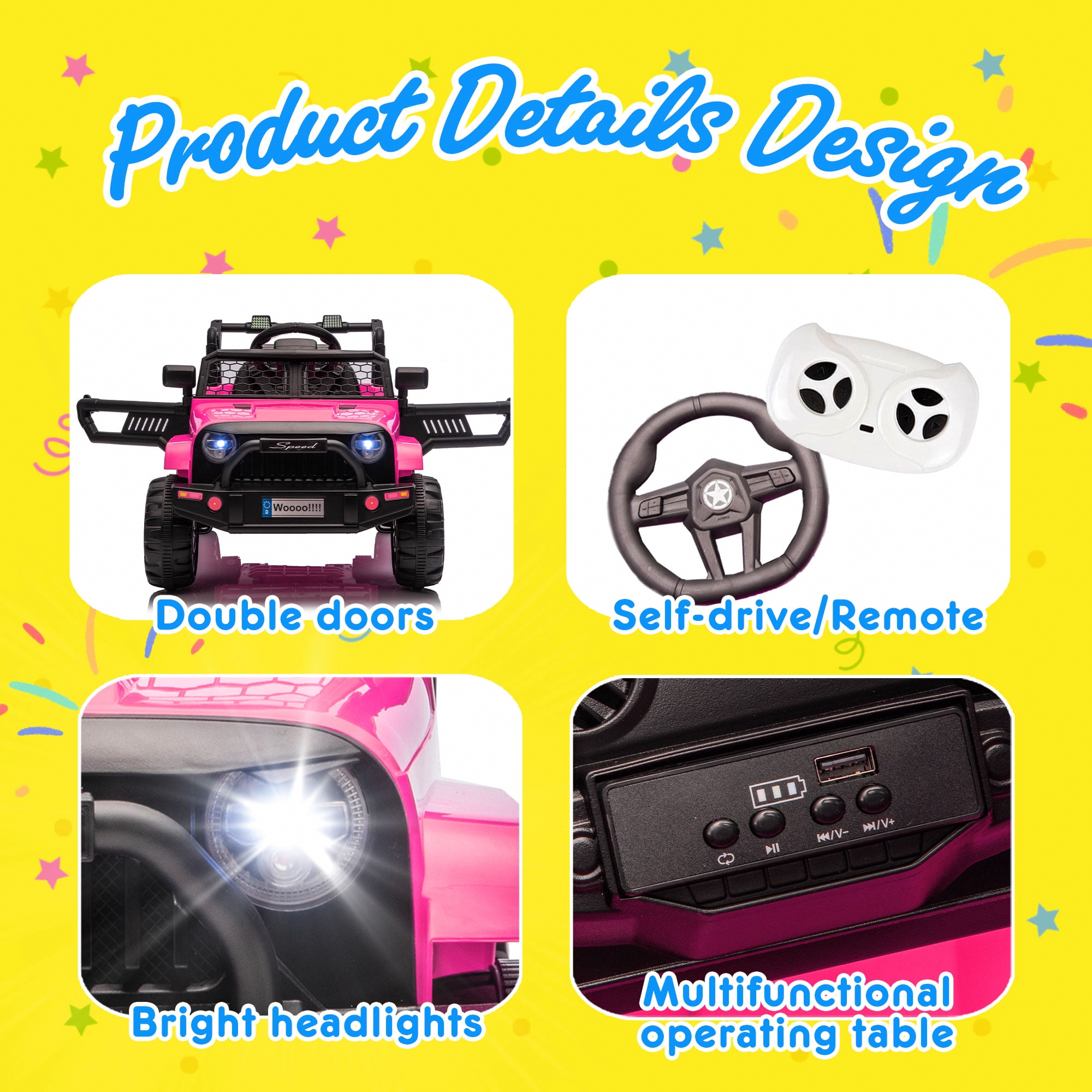 Xuanlur 12V Electric Ride-On Truck for Kids with Remote Control, LED Lights, and Bluetooth (Pink, 34.65 in x 22.44 in x 20.47 in) wqfxx