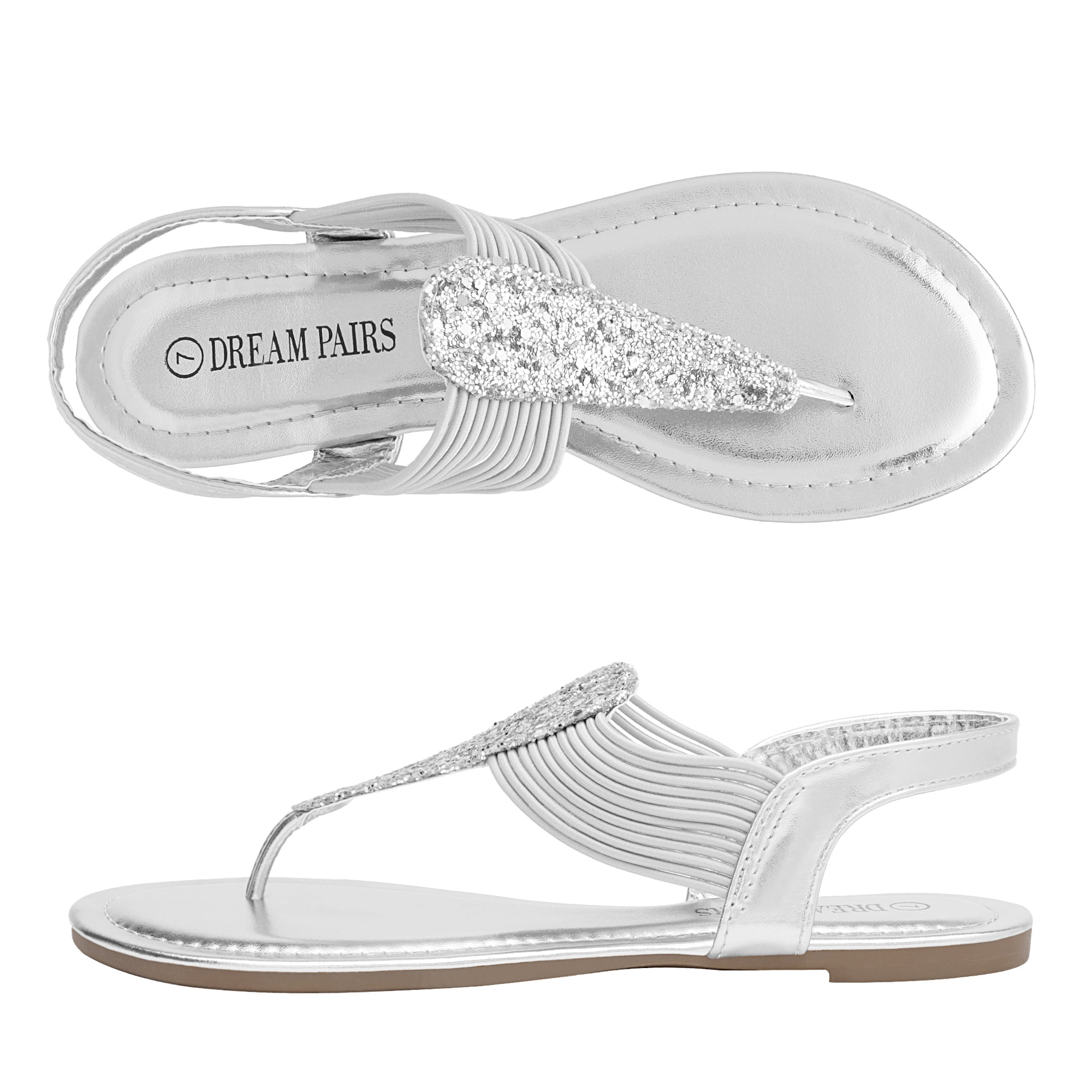 Dream Pairs Women Rhinestone Elastic Strappy Thong Sandals Summer Gladiator Flat Sandals (Silver, 7) jiu6d