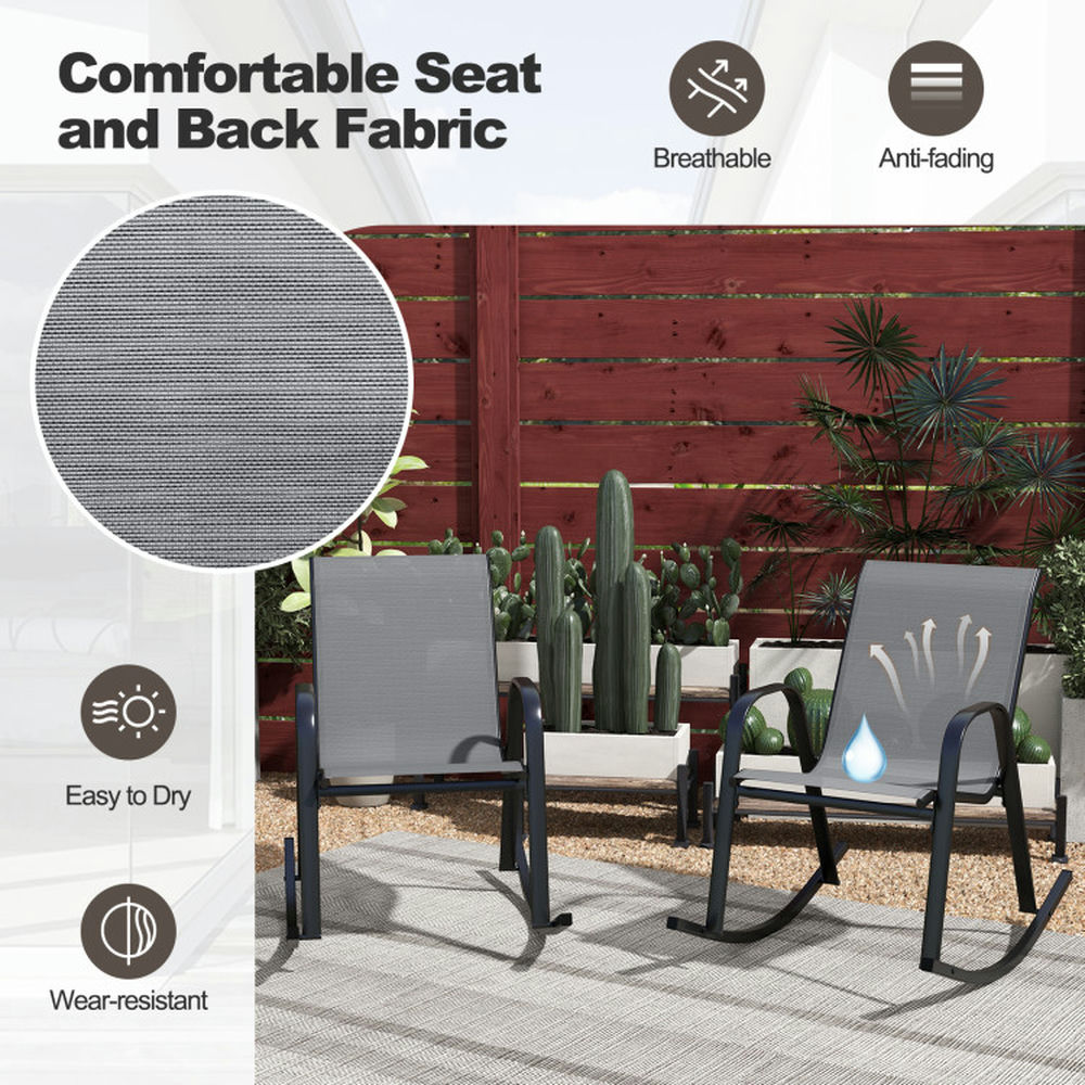 Spaco Heavy-Duty Metal Patio Rocking Chairs with Ergonomic Backrest and Breathable Fabric (Gray, Set of 2) 9zh32