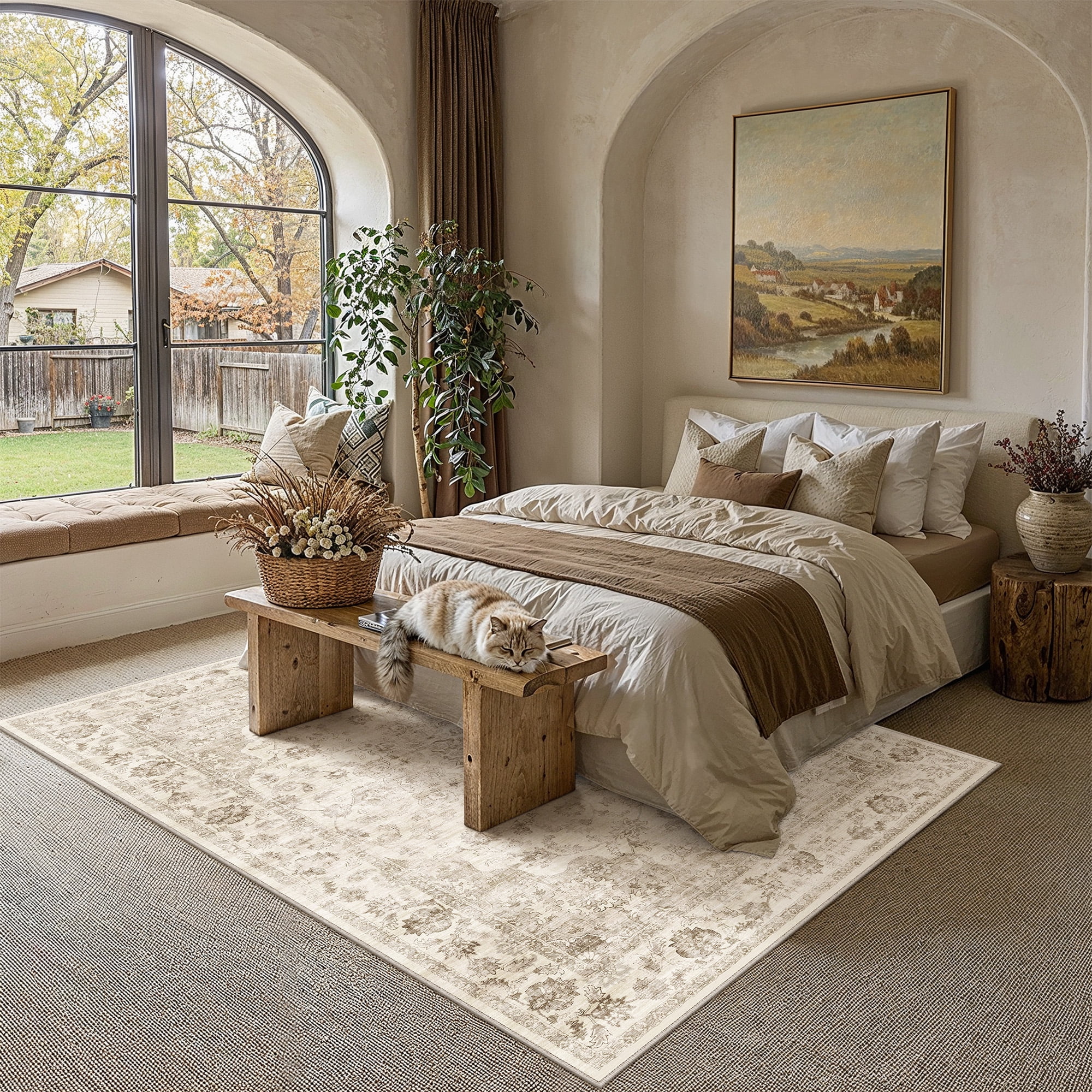 Berthmeer Vintage Oriental Area Rug, Machine Washable Non-Slip Distressed Carpet for Living Room and Bedroom (Beige, 8 ft x 10 ft) lln22