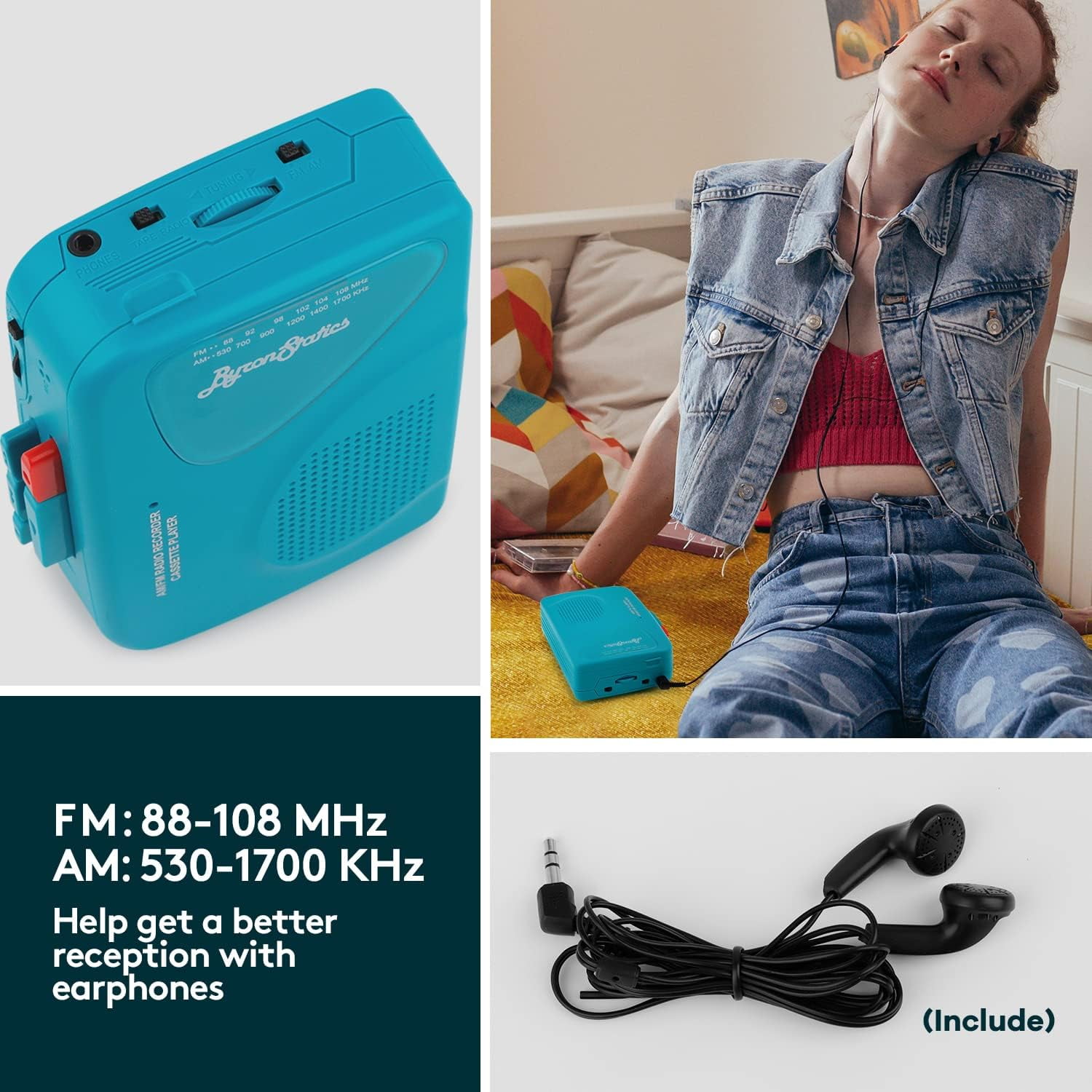 ByronStatics Portable Cassette Player and AM/FM Radio Recorder (Teal, 4.72 x 3.54 x 1.18 in) 3nth1