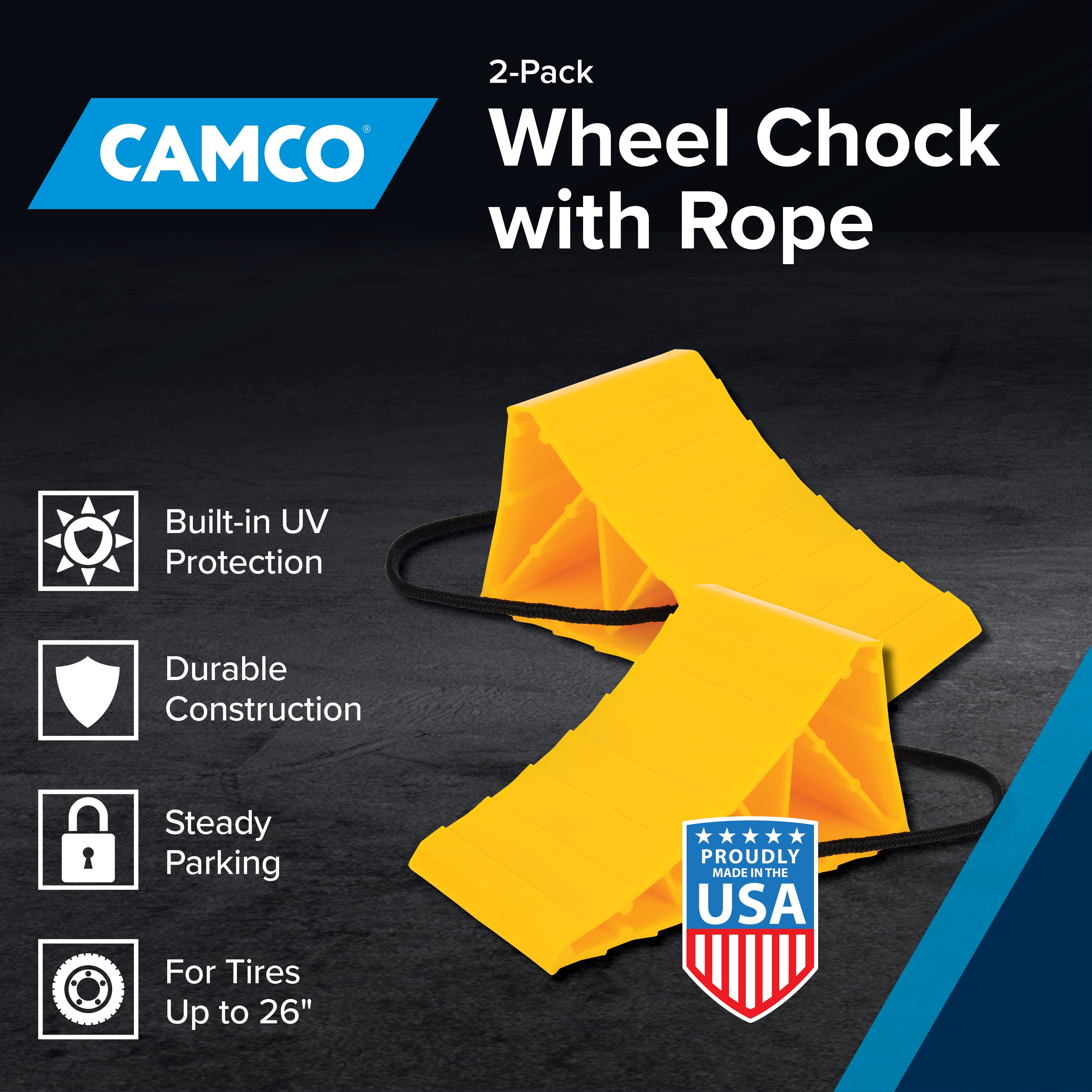 Camco RV Wheel Chocks with Rope for Tires Up to 26 in (Yellow, 2 Pack) ux4dh