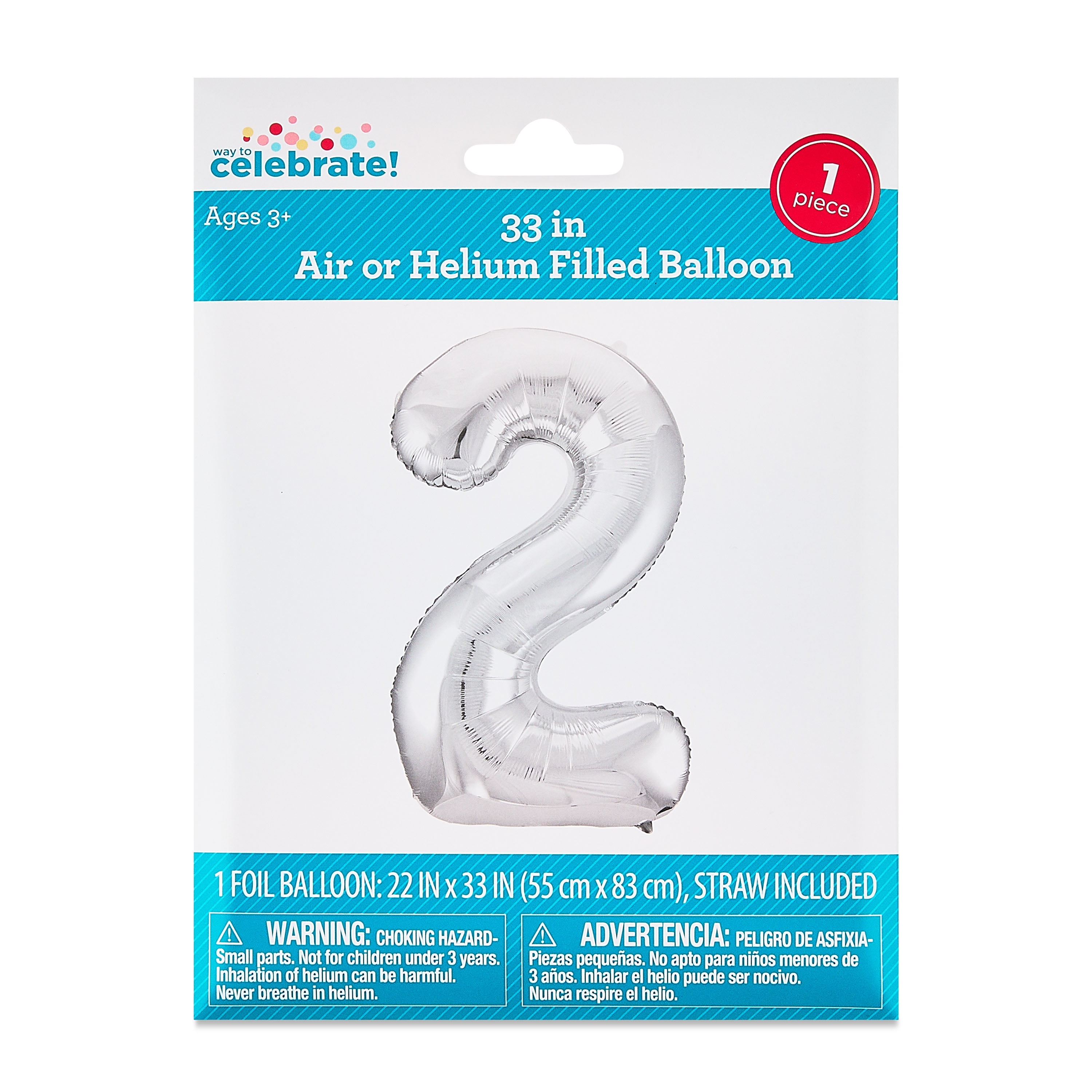 Way To Celebrate Number 2 Foil Balloon, Decorative Party Mylar Balloon (Silver, 33 in) ps8l6