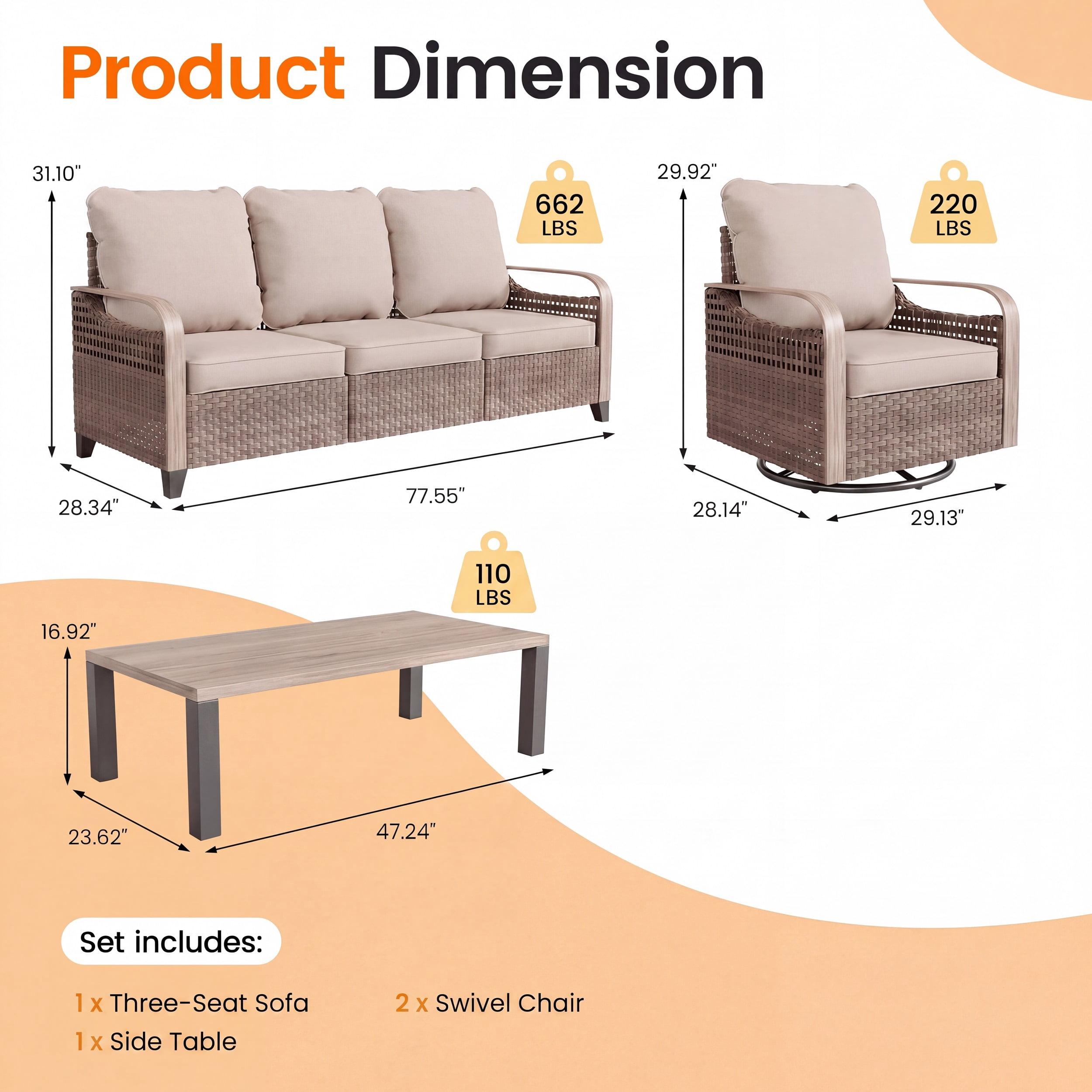 Poteban Outdoor Patio Wicker Furniture Set (Beige, 6-Piece Set) 255q0