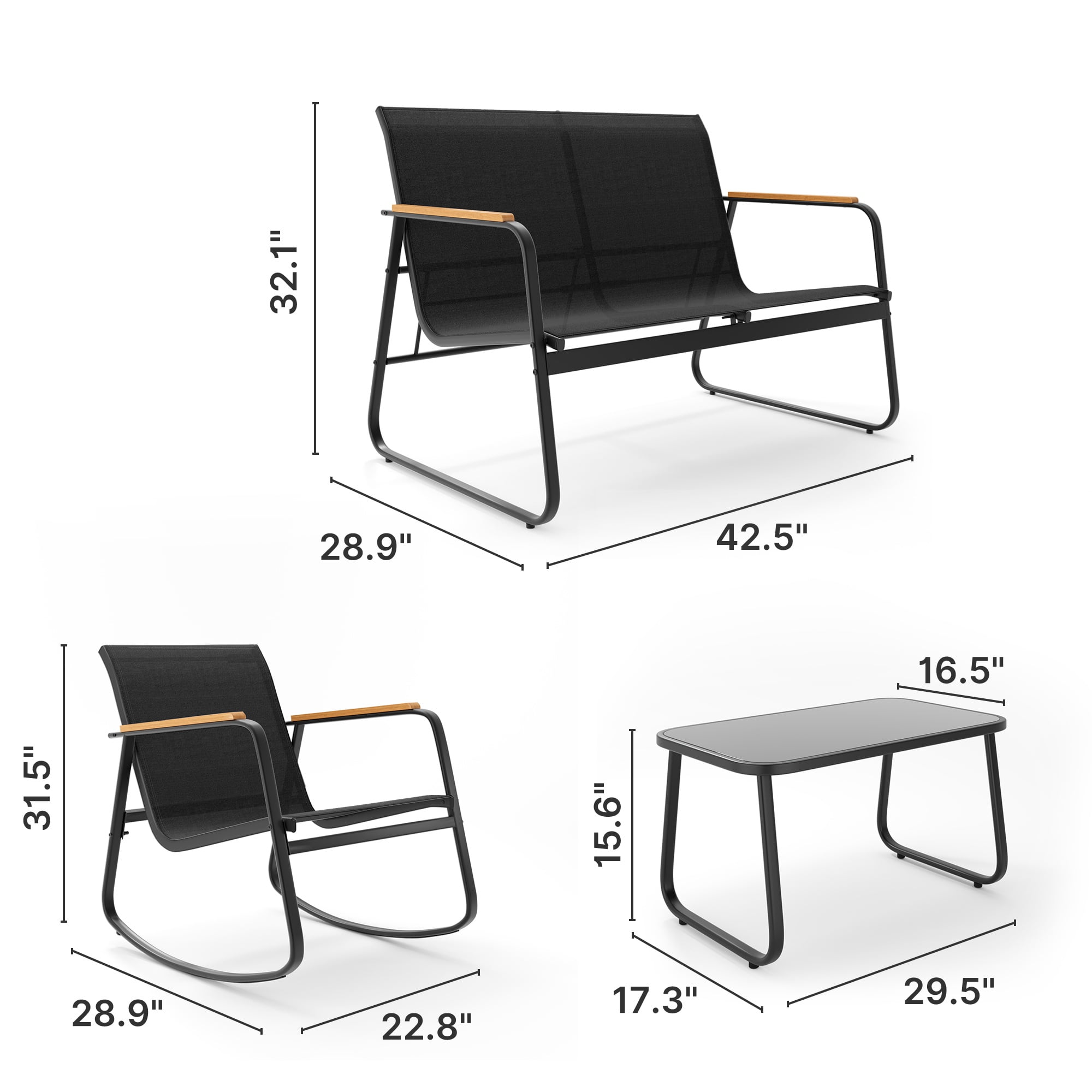 Lofka 4-Piece Patio Furniture Set with Rocking Chairs, Loveseat, and Glass Coffee Table (Black) 9pbiv