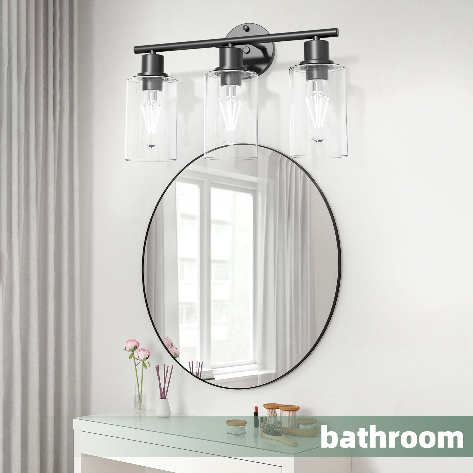 Cshidworld 3-Light Dimmable Vanity Light Fixture with Clear Glass Shades (Black, 22 in) w9c6d