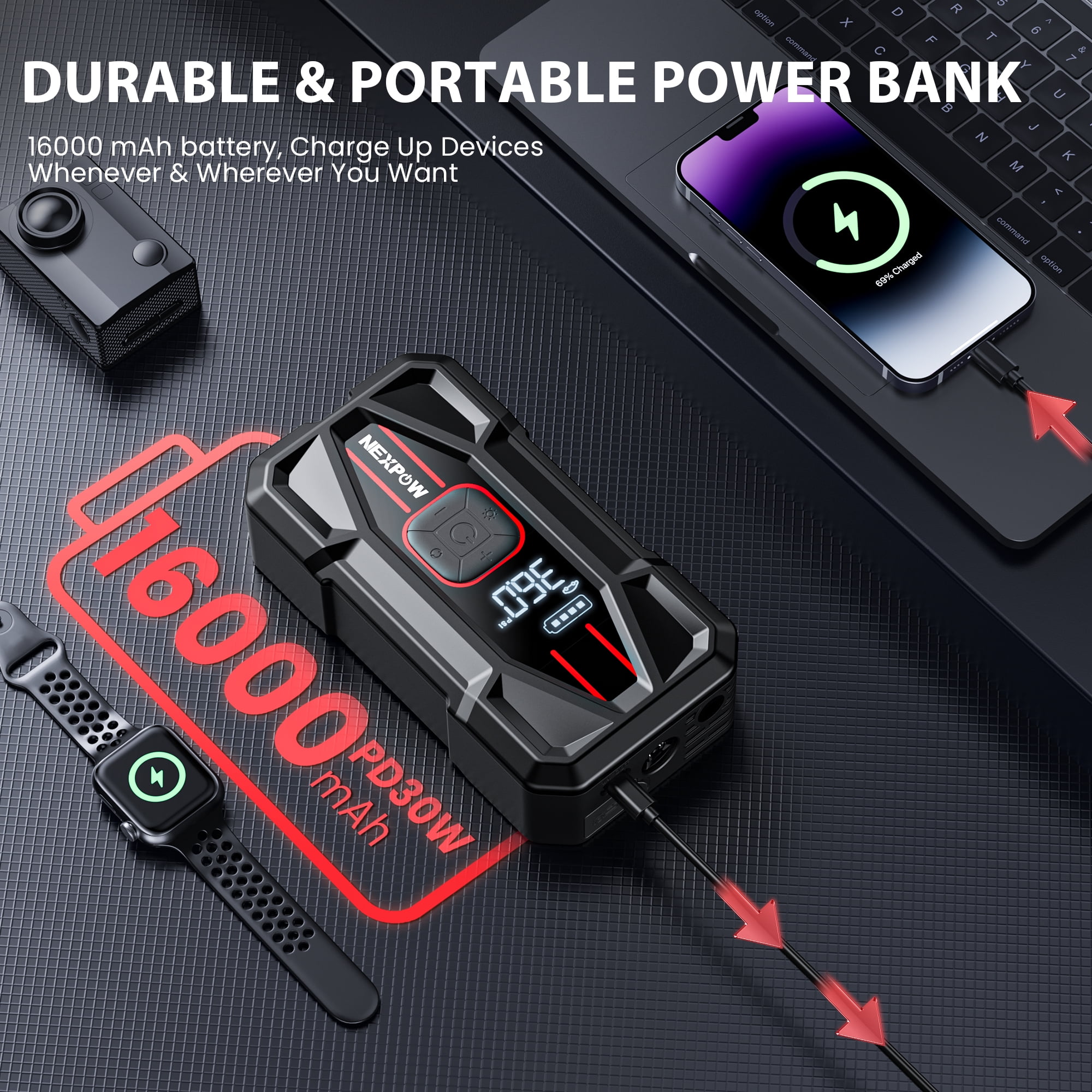 NEXPOW 3000A Jump Starter with Air Compressor, 150 PSI Digital Tire Inflator, 16000mAh Power Bank (2.4 lb) yh376
