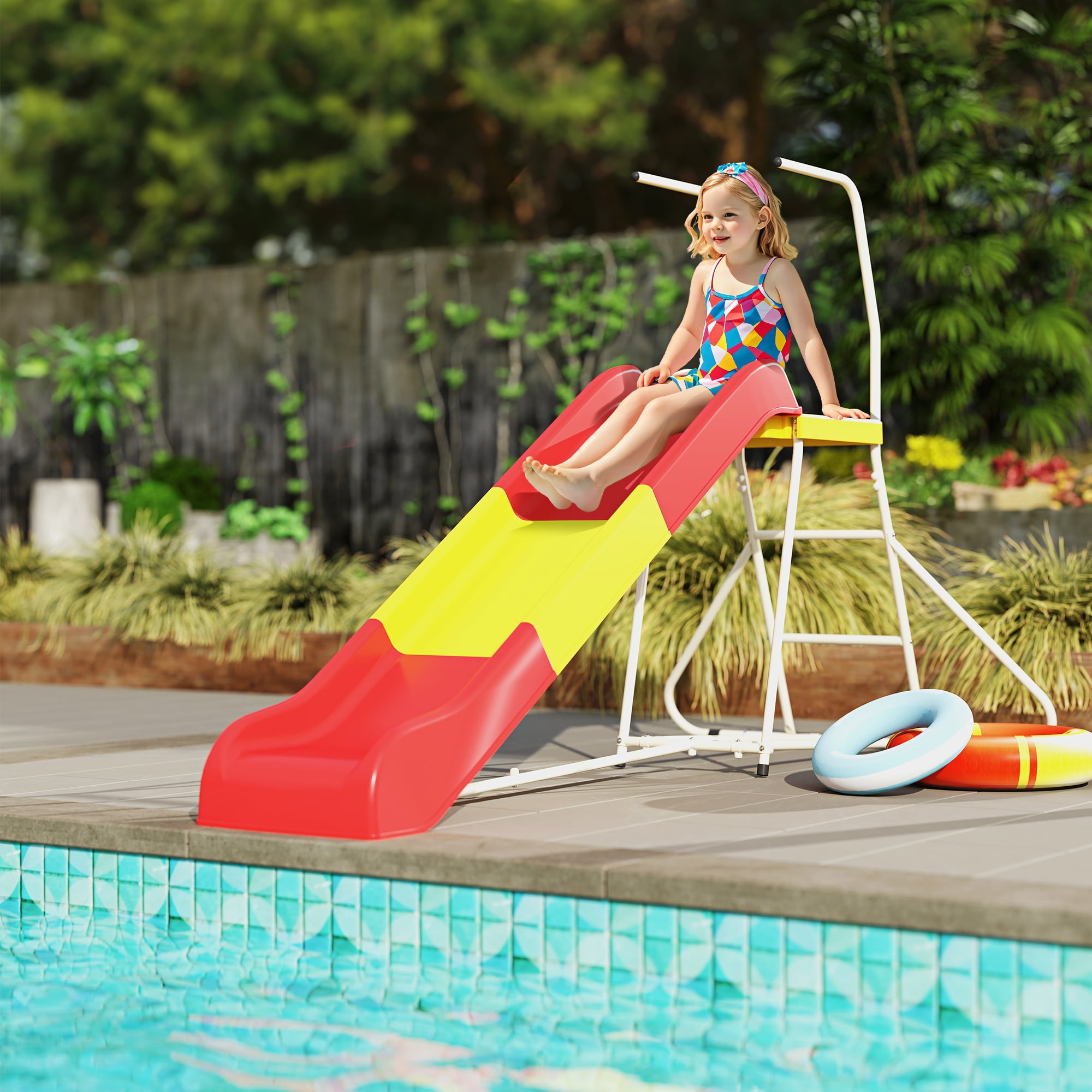Qaba 6ft Freestanding Metal Slide for Kids with Climbing Ladder (Red, 97.6 in L x 49.2 in W x 59.8 in H) 7qv0h