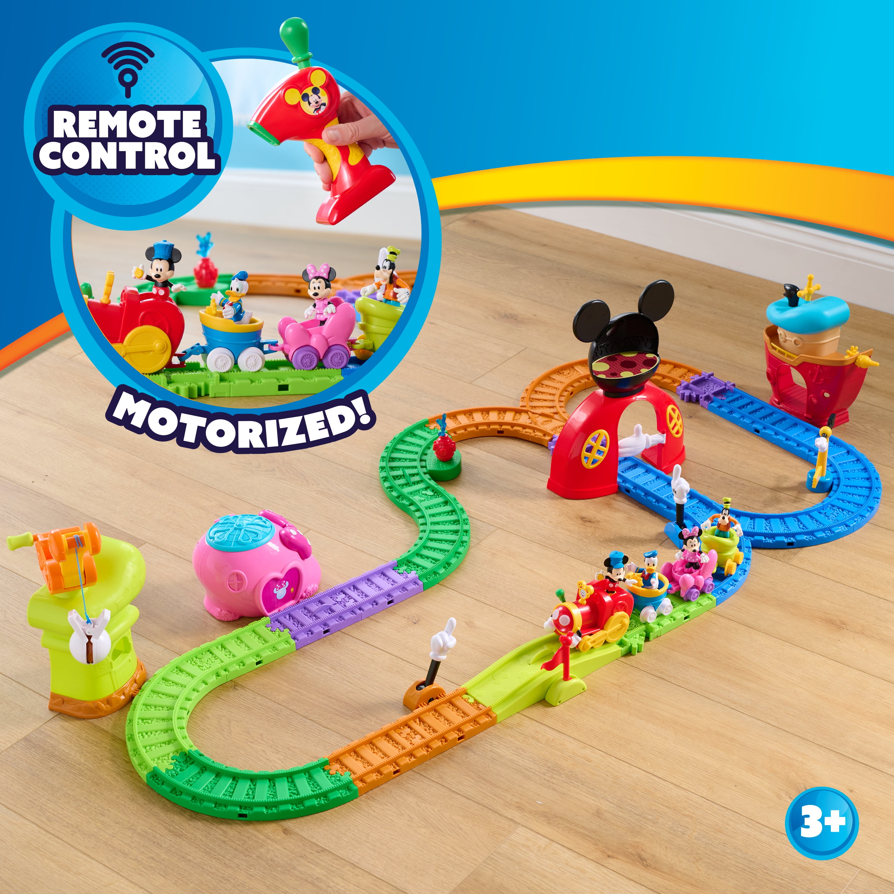 Mickey Mouse Clubhouse Fun Track Set, Motorized Remote Control Train with 4 Figures (43 Pieces) otn4q