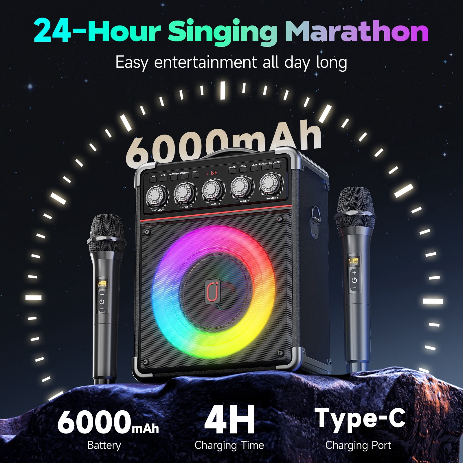 JAUYXIAN Portable Karaoke Machine with 2 Wireless Microphones, Bluetooth Speaker System for Parties (Black, 6.5 in Subwoofer) 0blqp