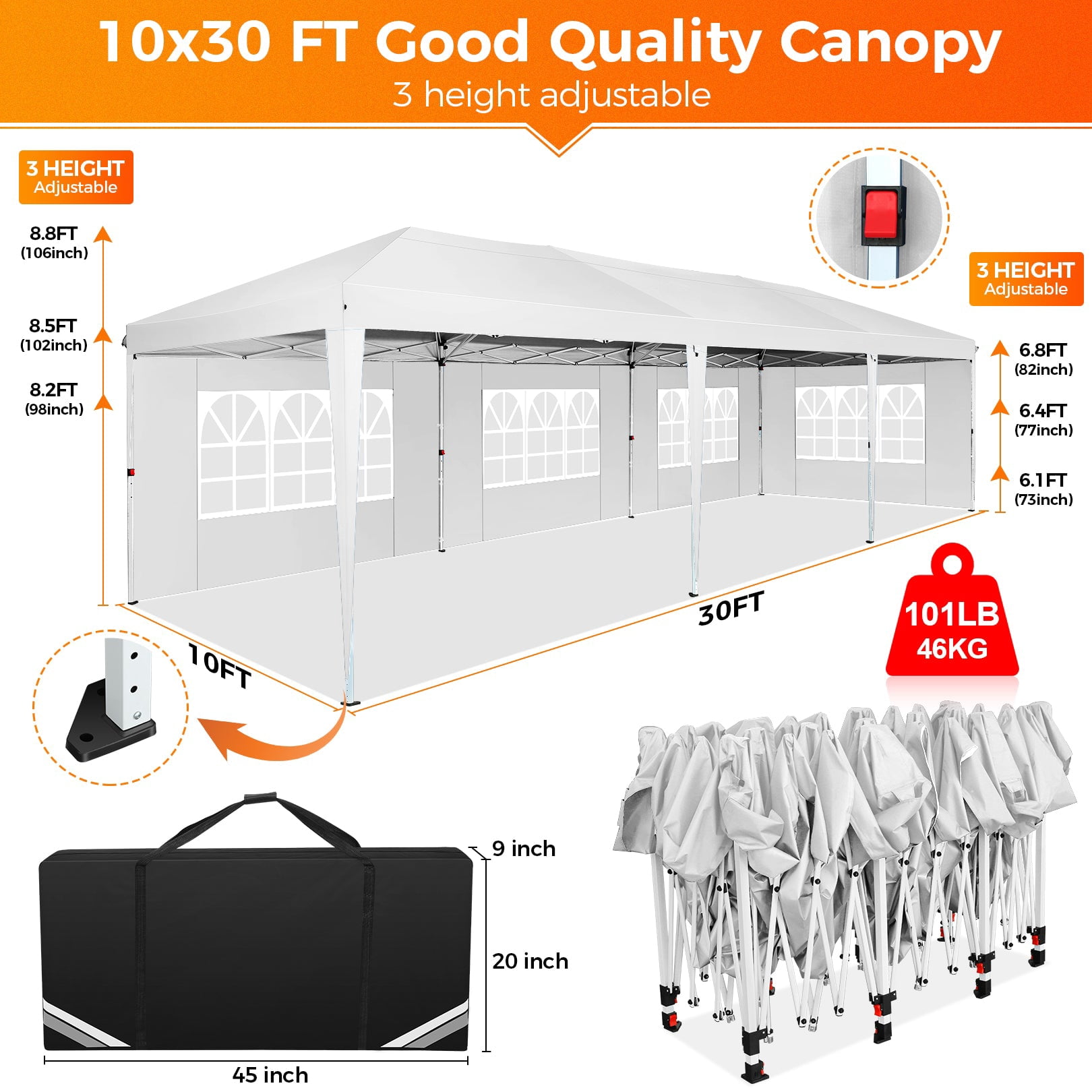 COBIZI 10x30 Pop Up Canopy Tent with Sidewalls, Waterproof Outdoor Gazebo for Parties and Events (Black, 10x30 ft) bhlhg