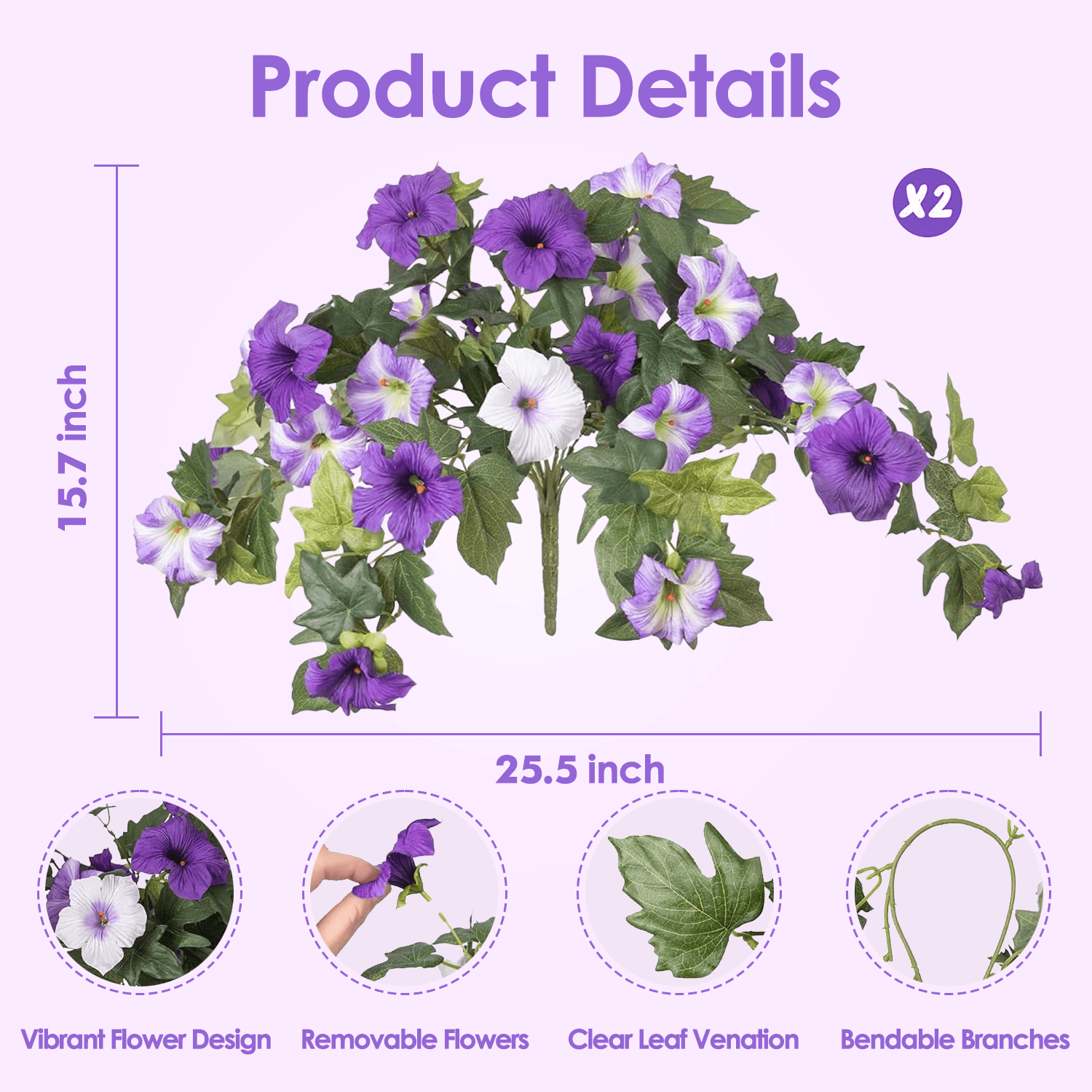 Inadays Artificial Petunia Flowers UV Resistant Faux Plants for Indoor and Outdoor Decor (Purple, 2 Pack, 24 in x 21 in) 4zlji